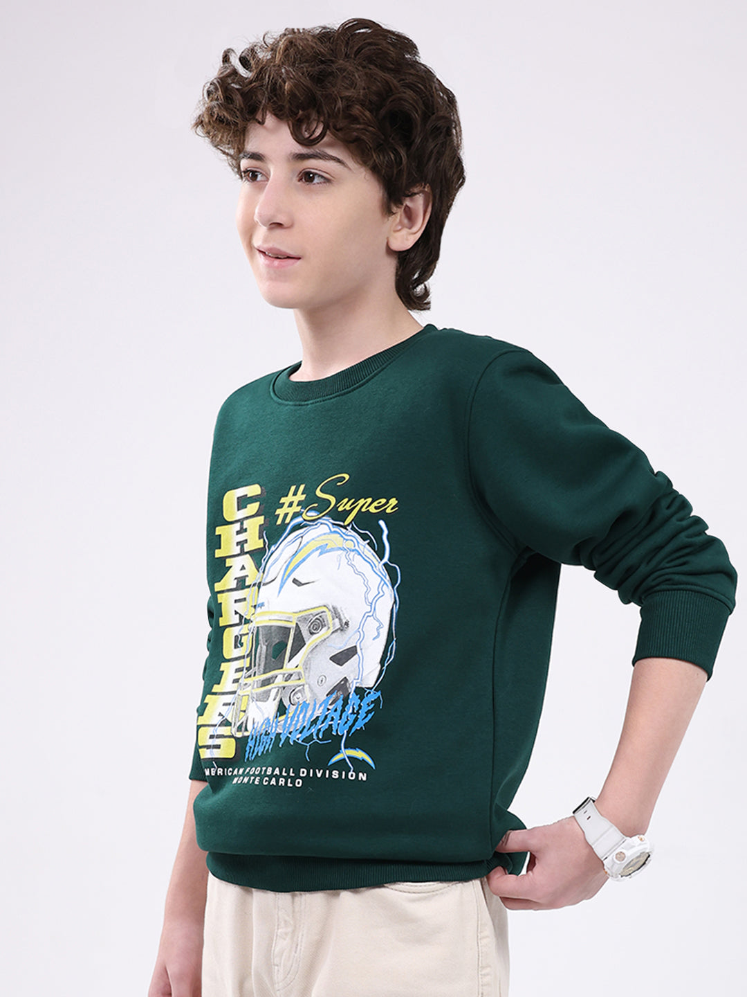 Boys Green Printed Round Neck Full Sleeve Sweatshirt