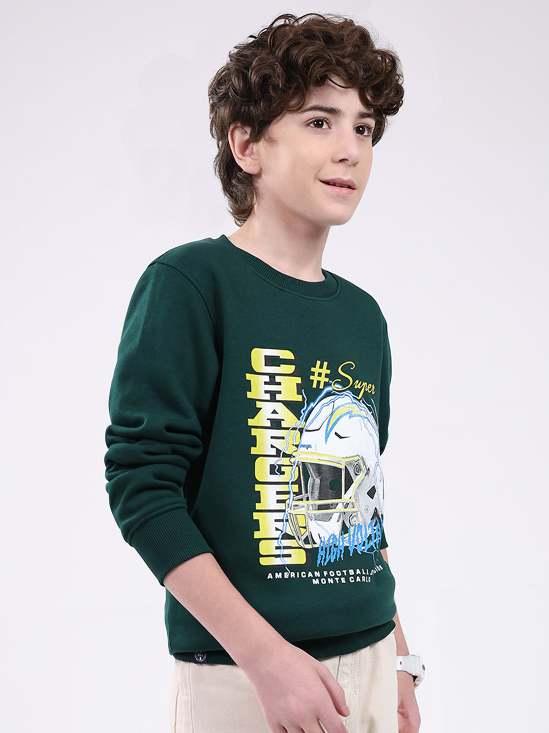 Boys Green Printed Round Neck Full Sleeve Sweatshirt