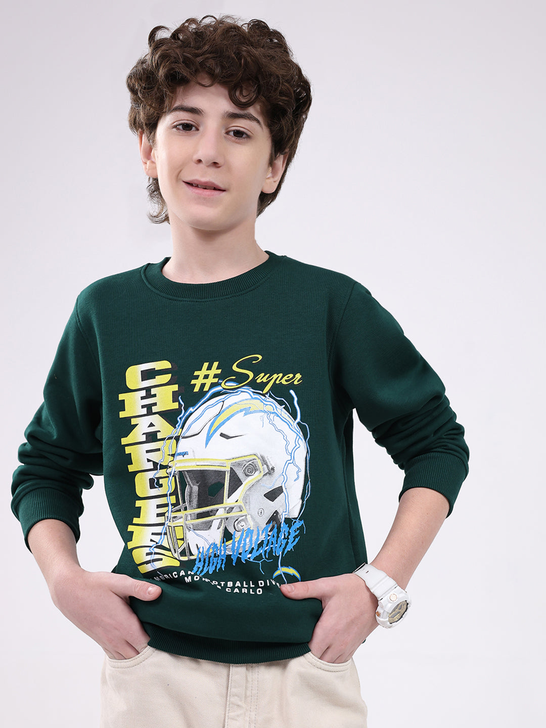 Boys Green Printed Round Neck Full Sleeve Sweatshirt