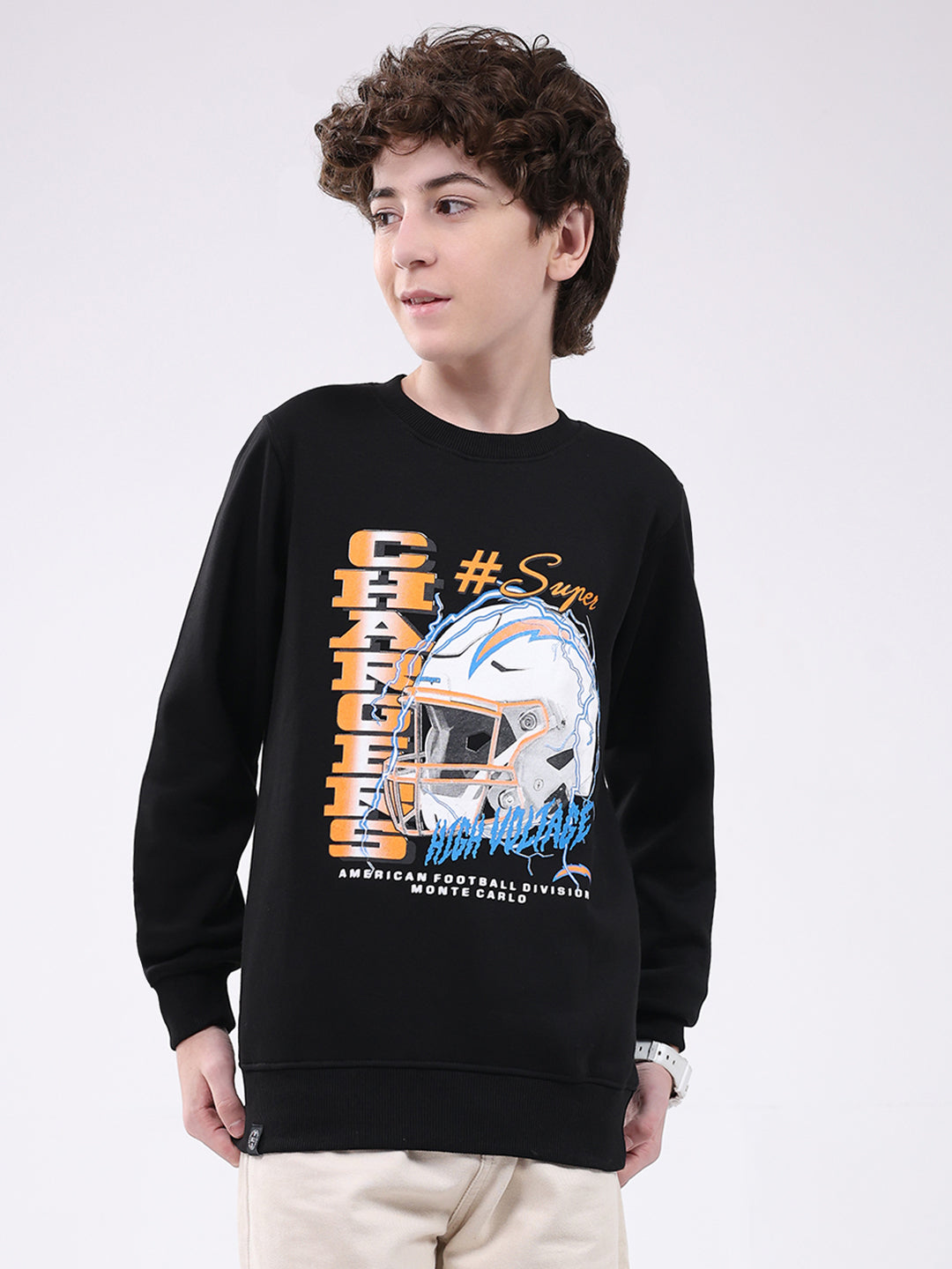 Boys Black Printed Round Neck Full Sleeve Sweatshirt