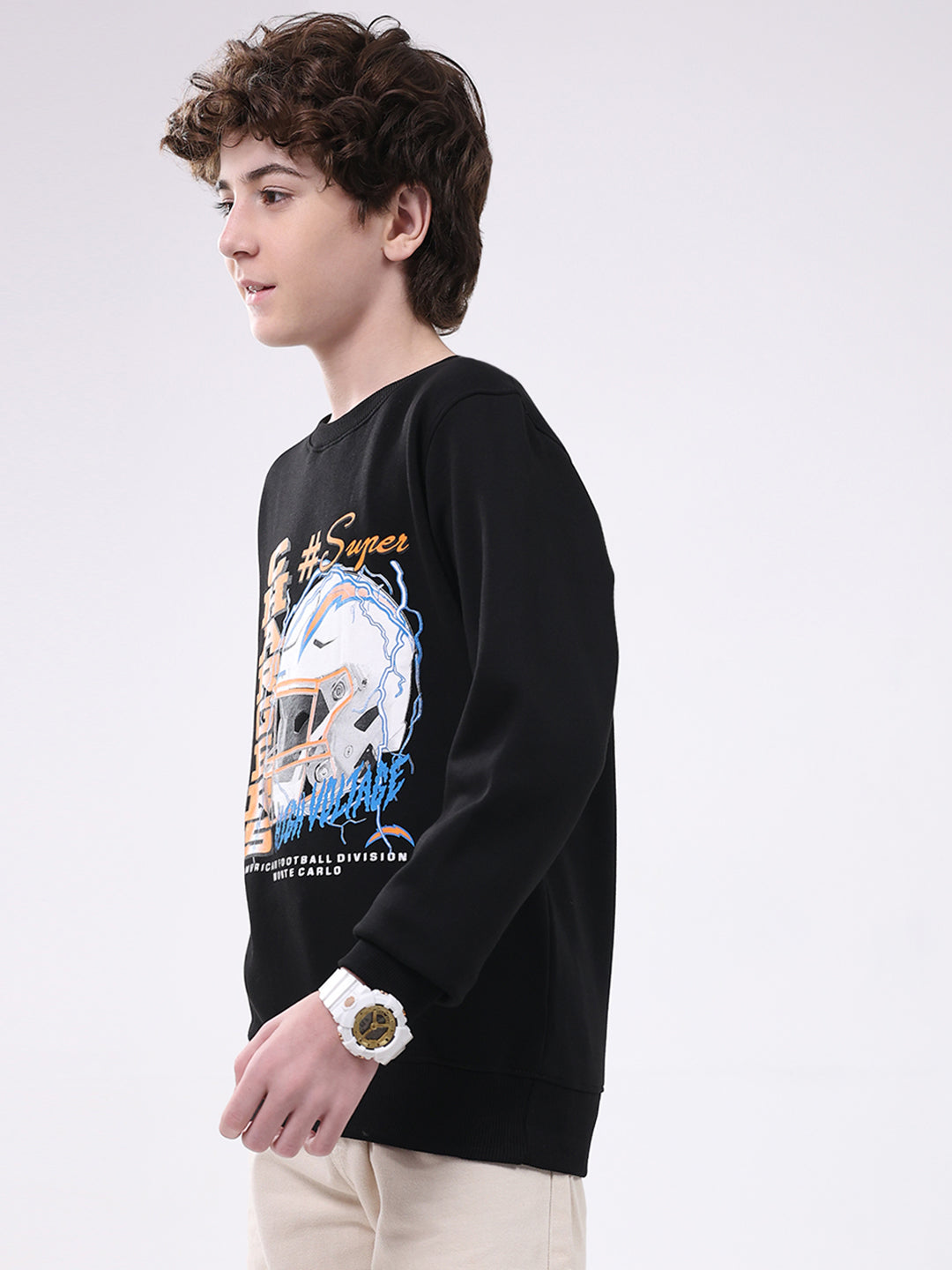Boys Black Printed Round Neck Full Sleeve Sweatshirt