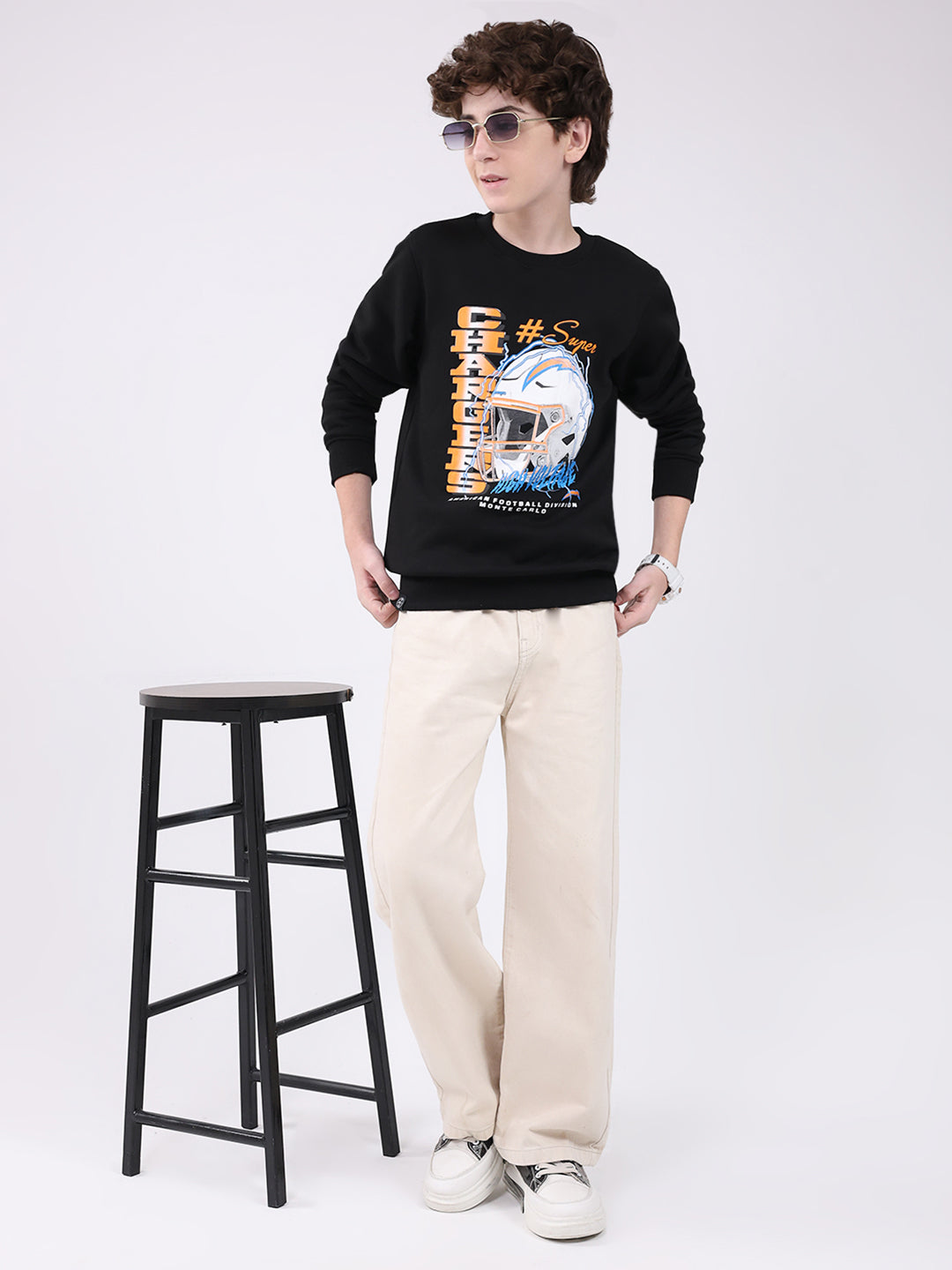 Boys Black Printed Round Neck Full Sleeve Sweatshirt