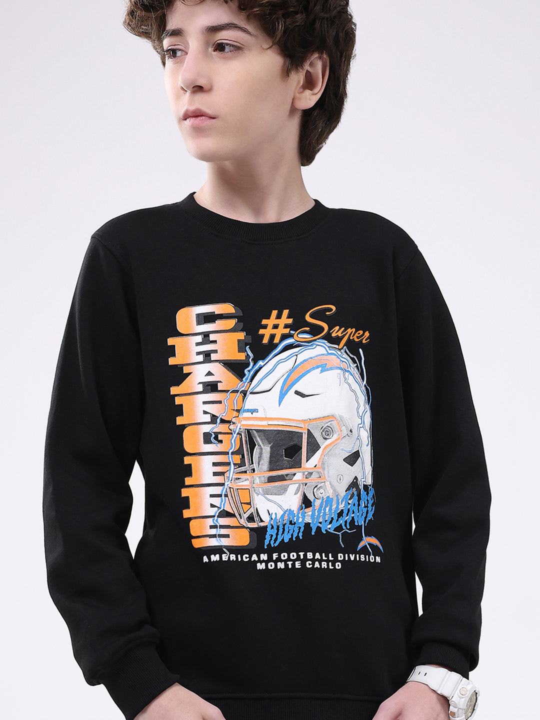 Boys Black Printed Round Neck Full Sleeve Sweatshirt