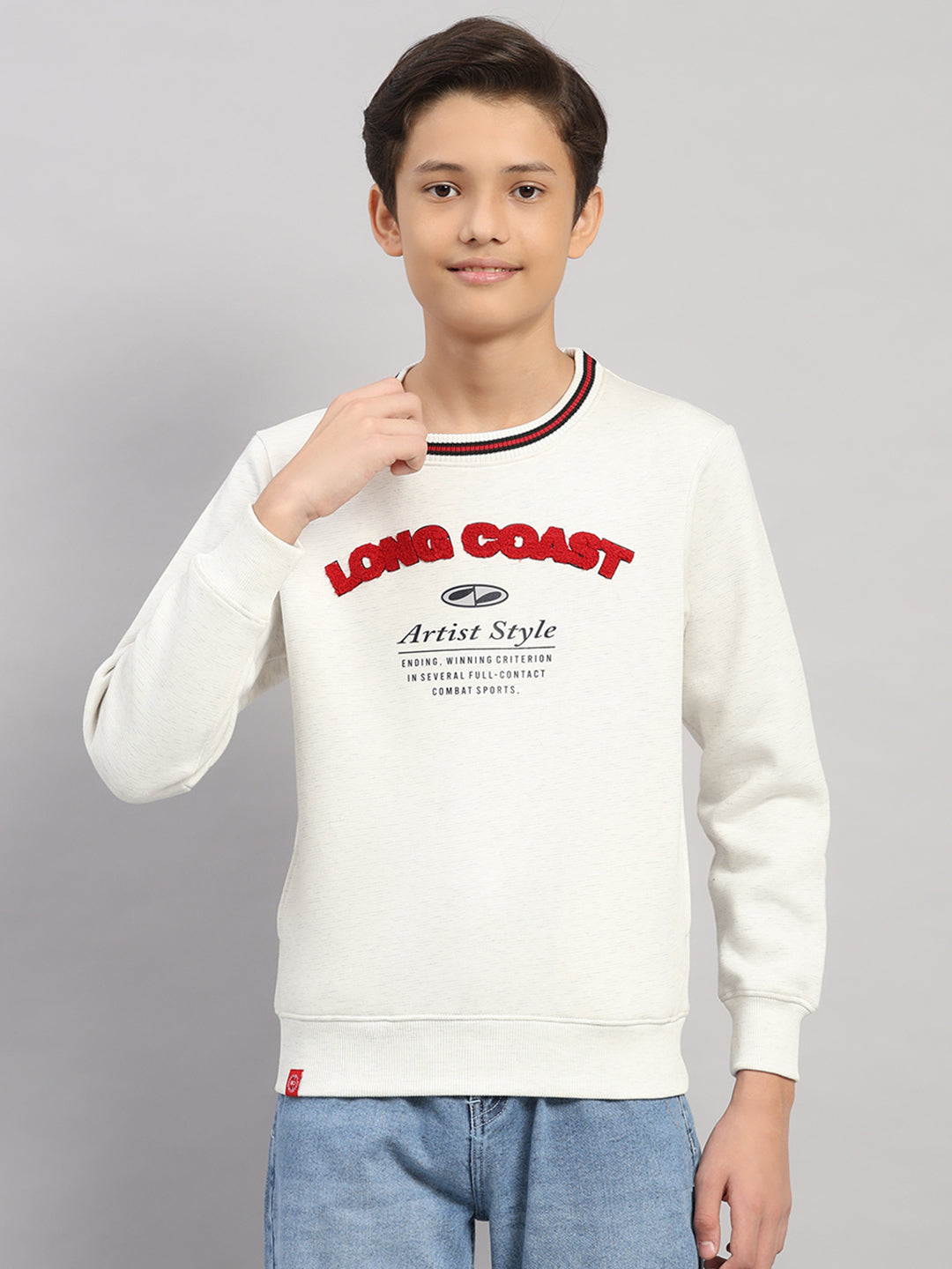 Boys Off White Printed Round Neck Full Sleeve Sweatshirt