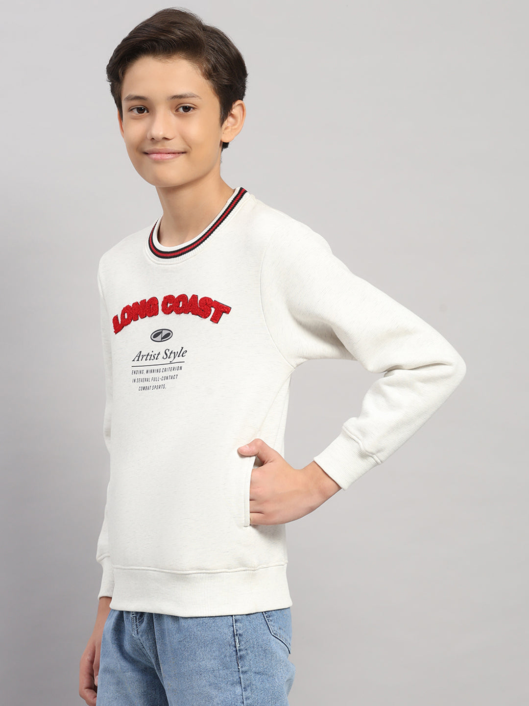 Boys Off White Printed Round Neck Full Sleeve Sweatshirt
