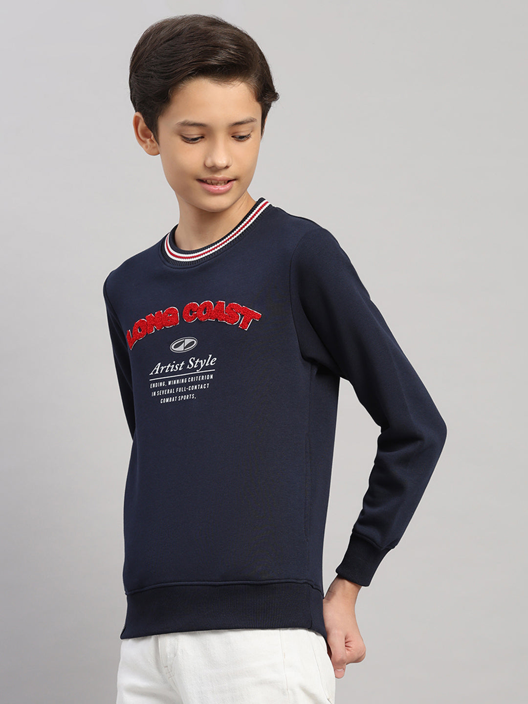 Boys Navy Blue Printed Round Neck Full Sleeve Sweatshirt