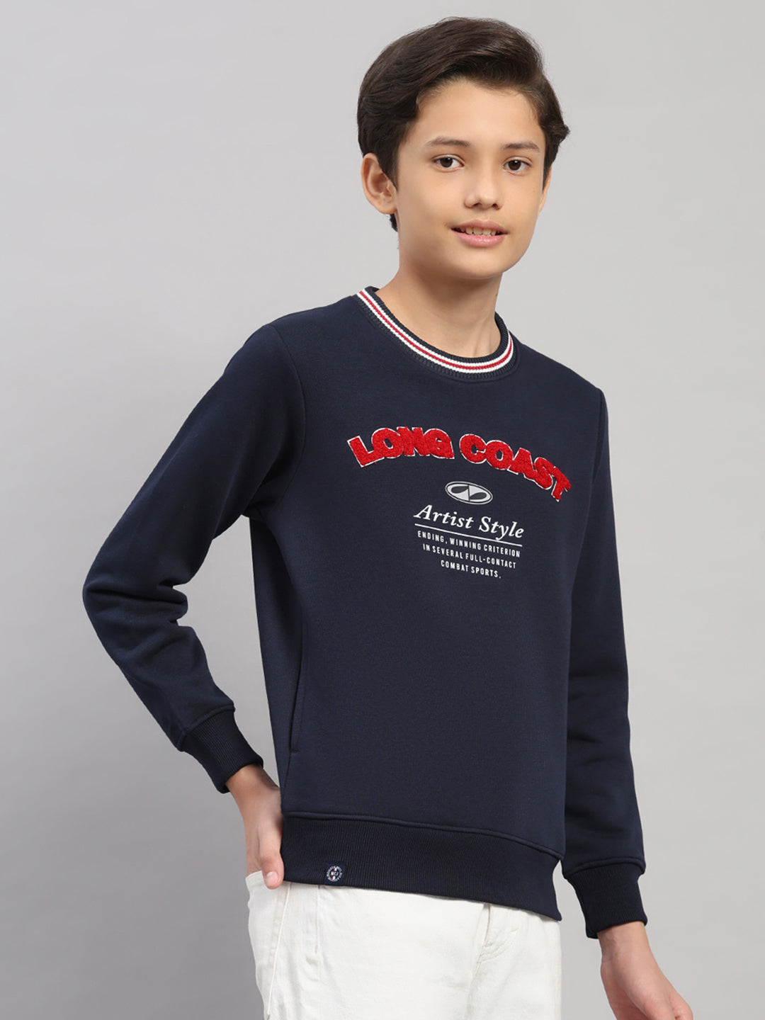 Boys Navy Blue Printed Round Neck Full Sleeve Sweatshirt