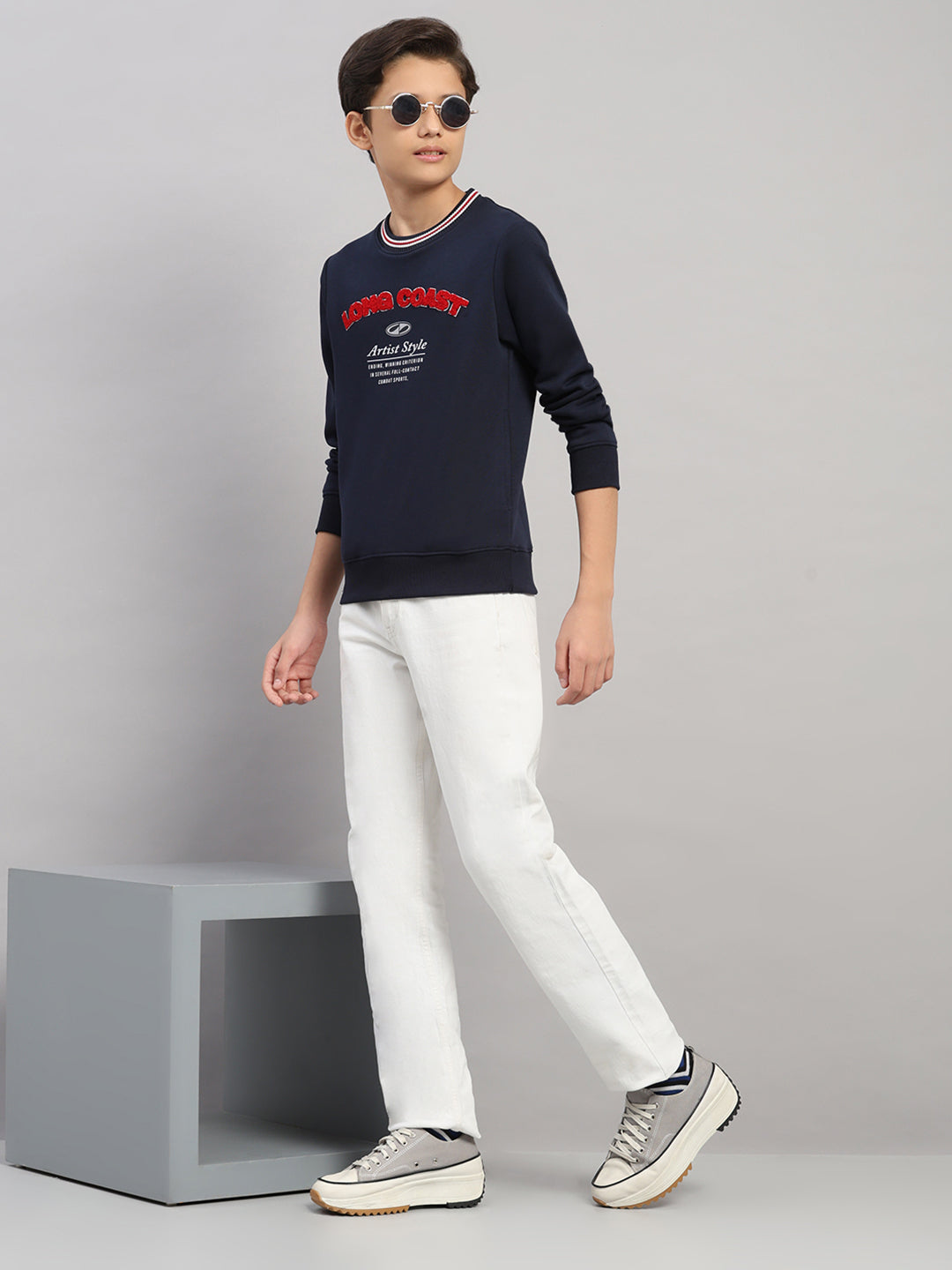 Boys Navy Blue Printed Round Neck Full Sleeve Sweatshirt