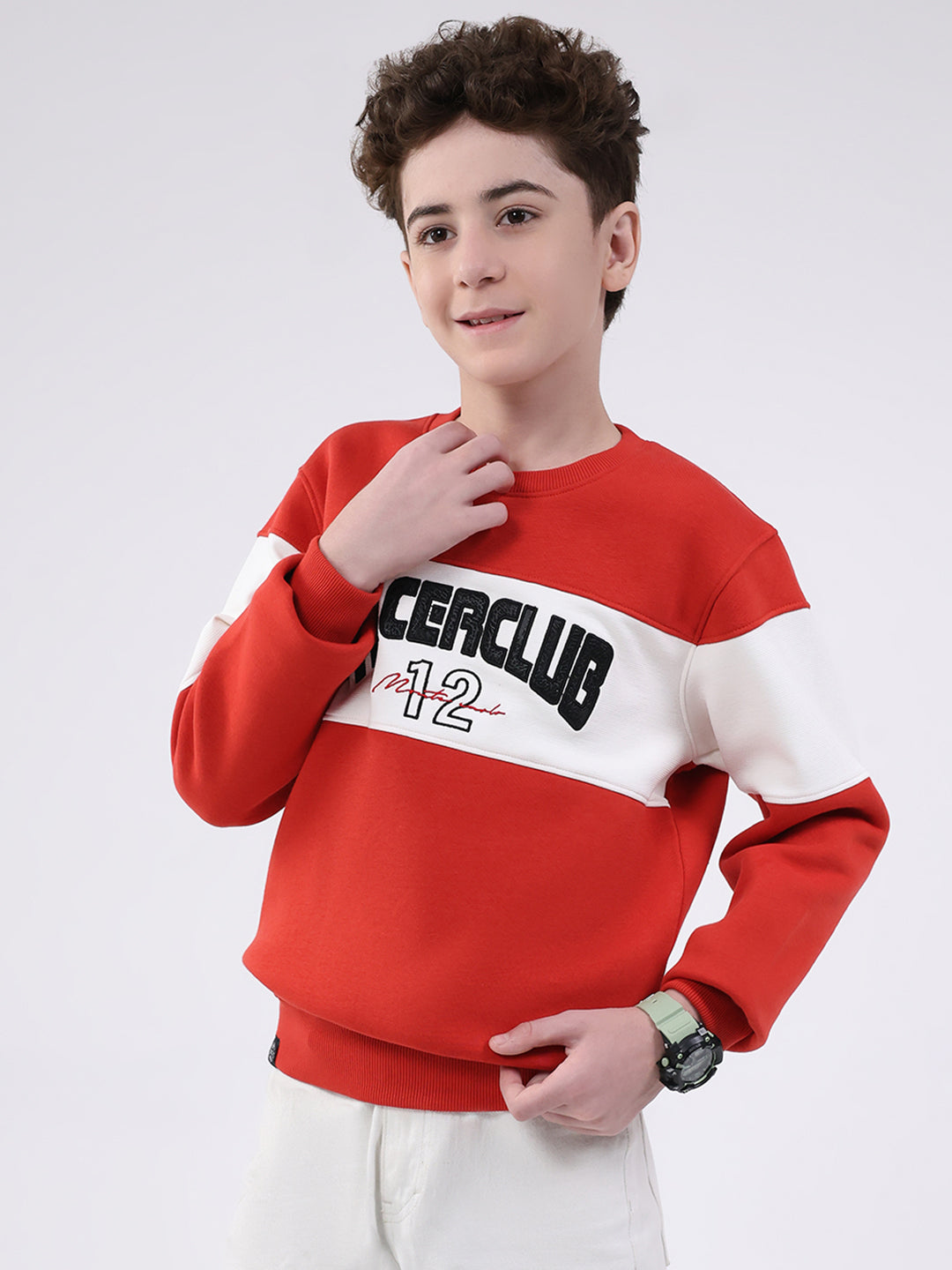 Boys Red Printed Round Neck Full Sleeve Sweatshirt