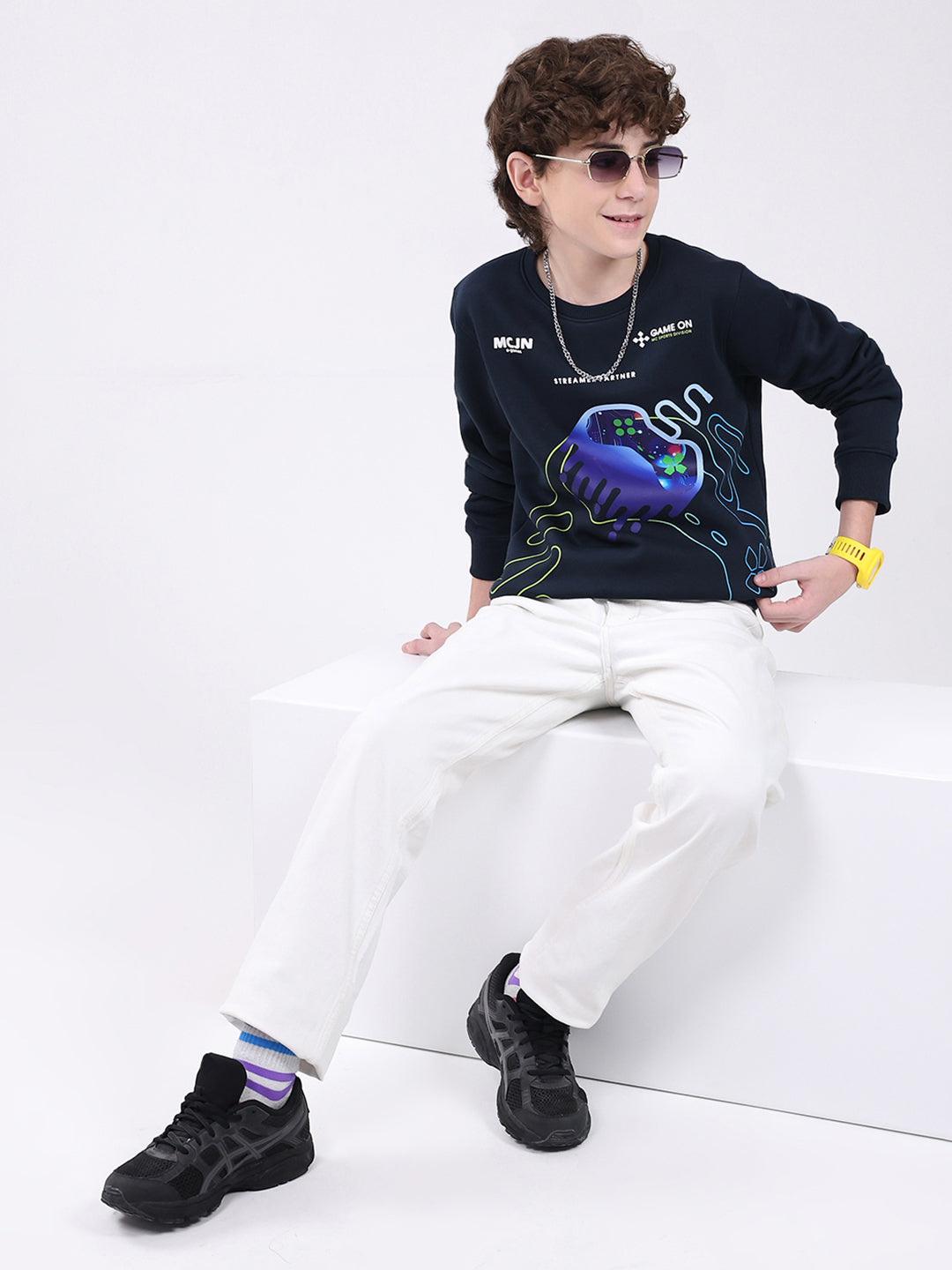 Boys Navy Blue Printed Round Neck Full Sleeve Sweatshirt