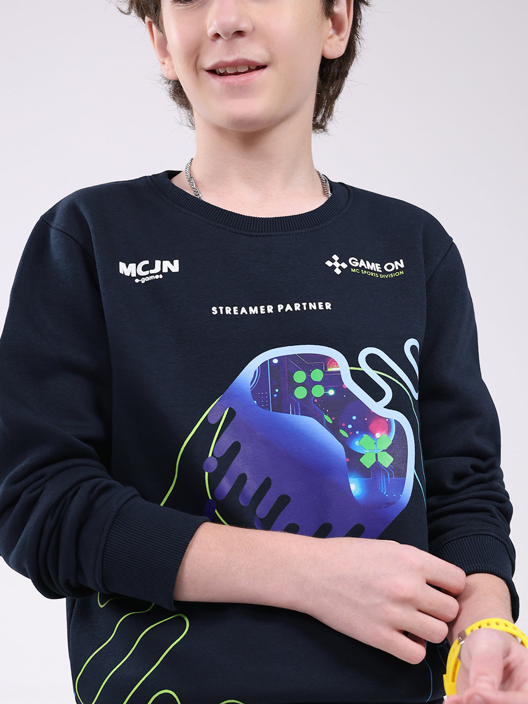 Boys Navy Blue Printed Round Neck Full Sleeve Sweatshirt