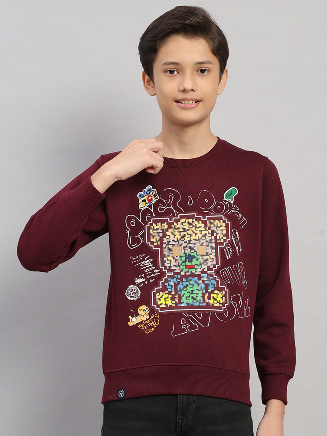 Boys Maroon Printed Round Neck Full Sleeve Sweatshirt
