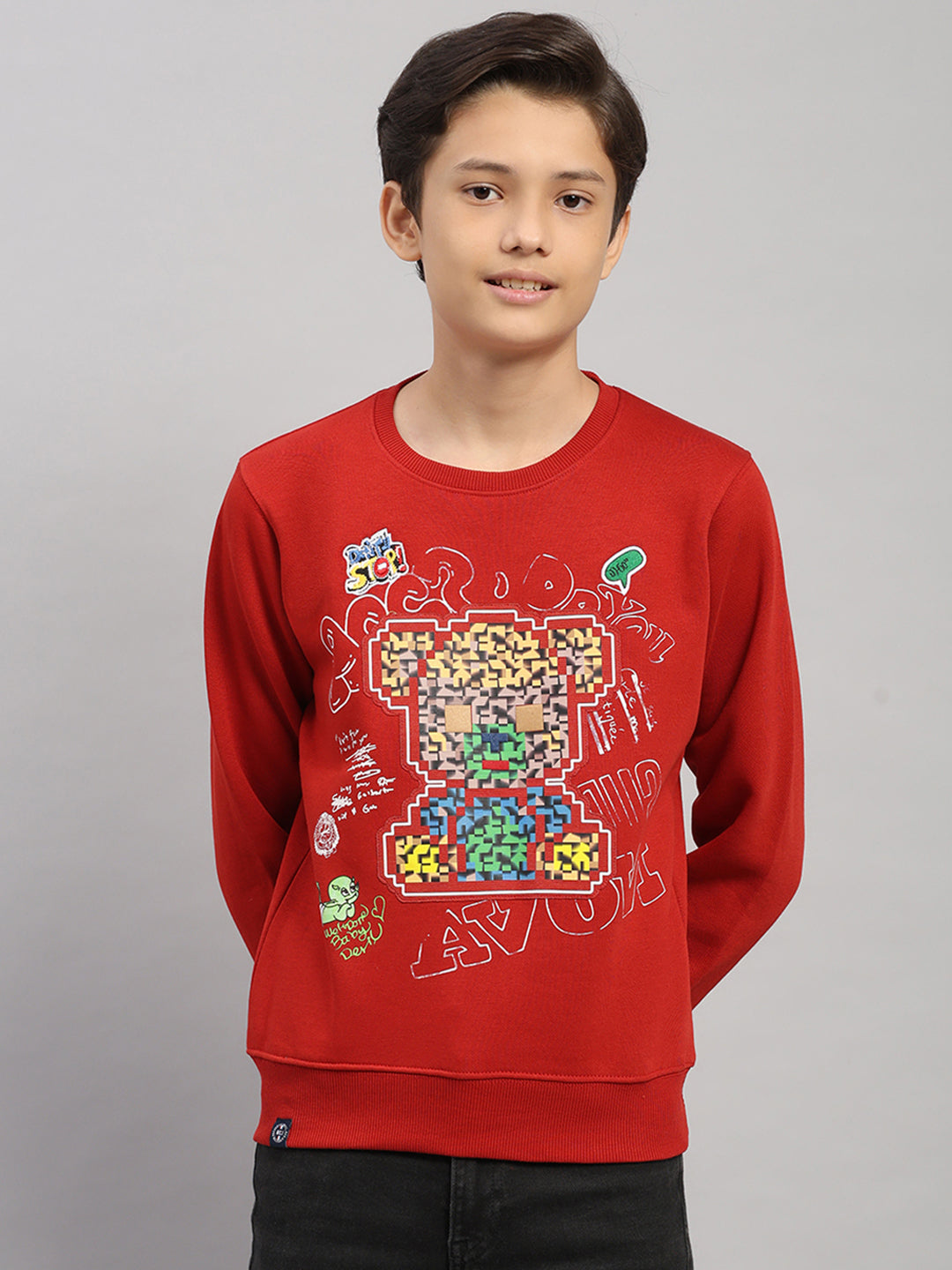 Boys Rust Printed Round Neck Full Sleeve Sweatshirt