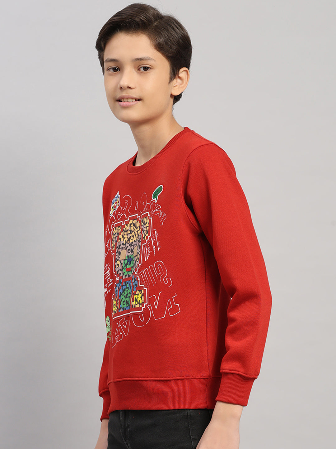 Boys Rust Printed Round Neck Full Sleeve Sweatshirt