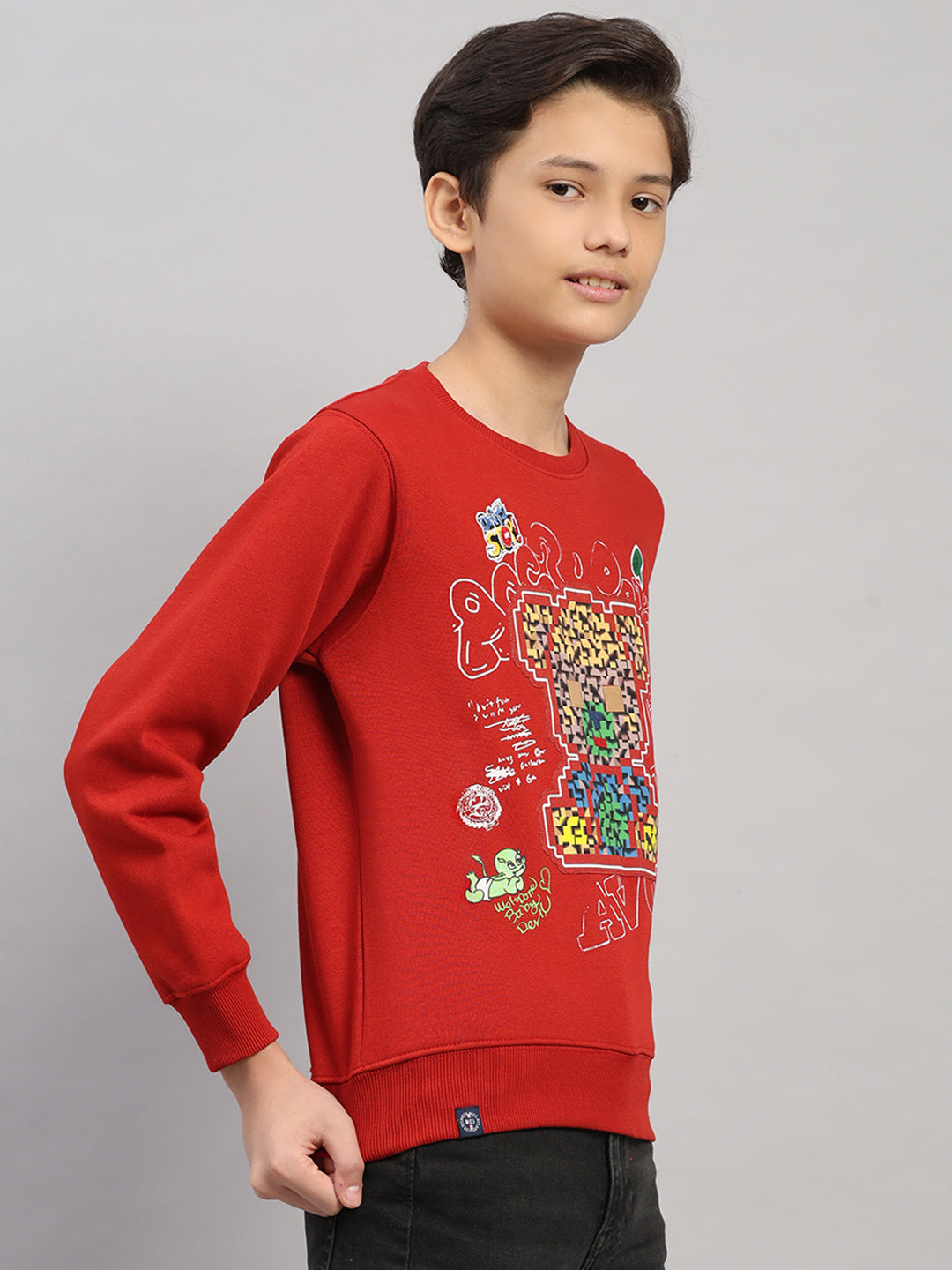 Boys Rust Printed Round Neck Full Sleeve Sweatshirt