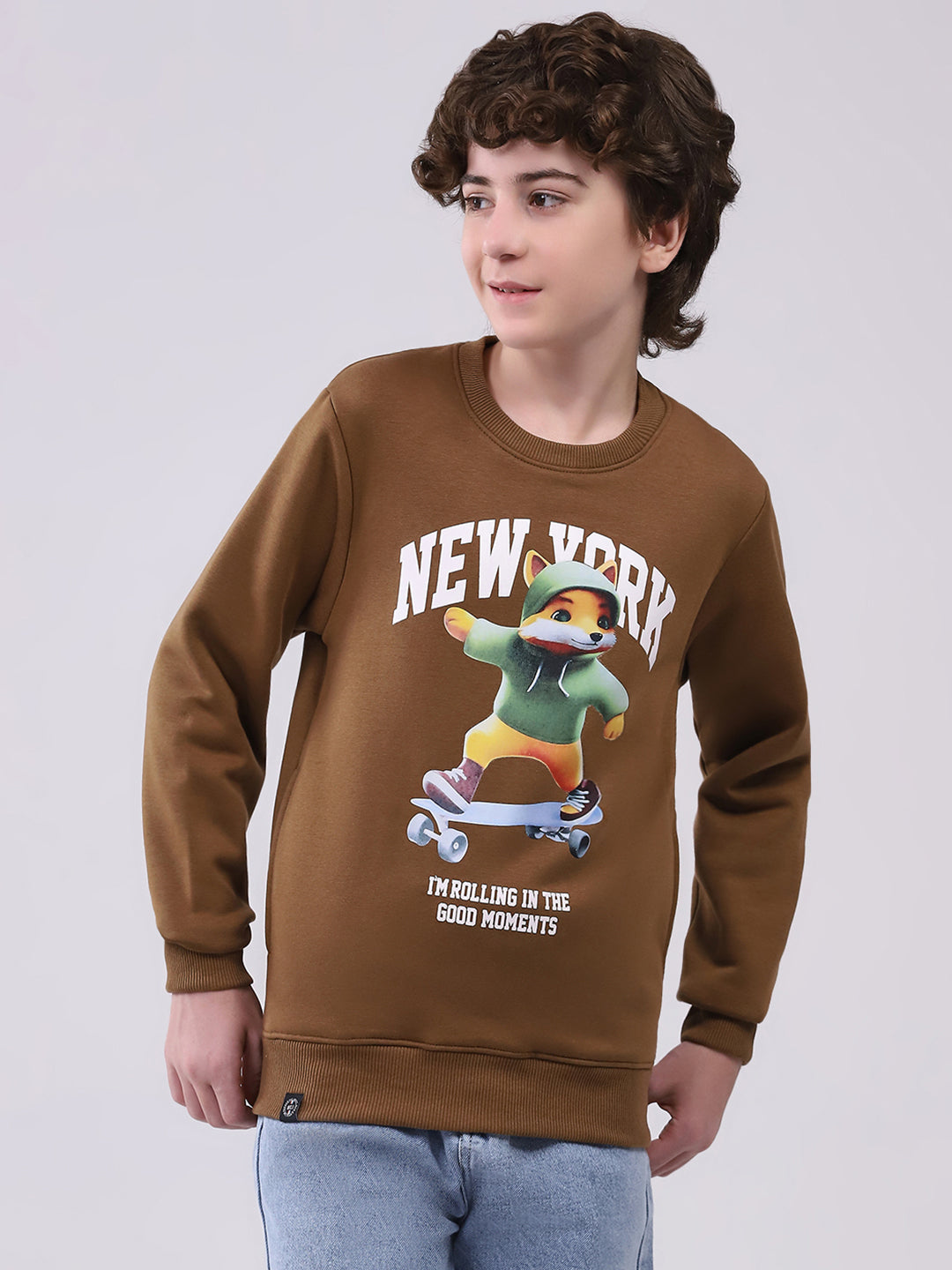 Boys Brown Printed Round Neck Full Sleeve Sweatshirt