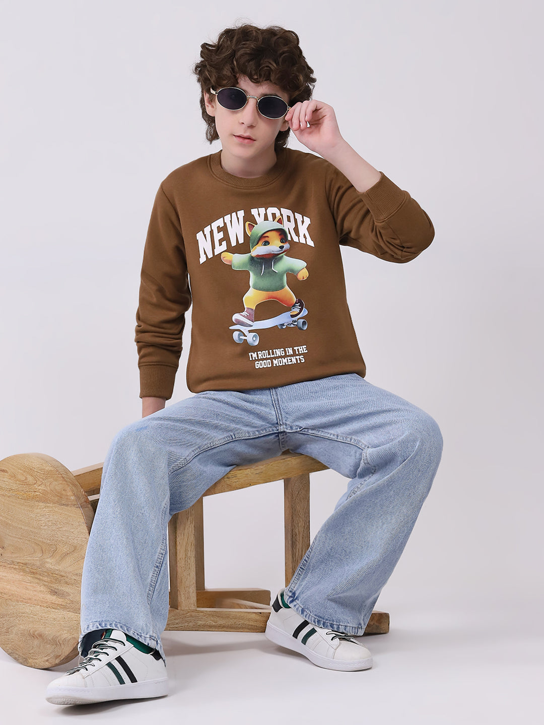 Boys Brown Printed Round Neck Full Sleeve Sweatshirt