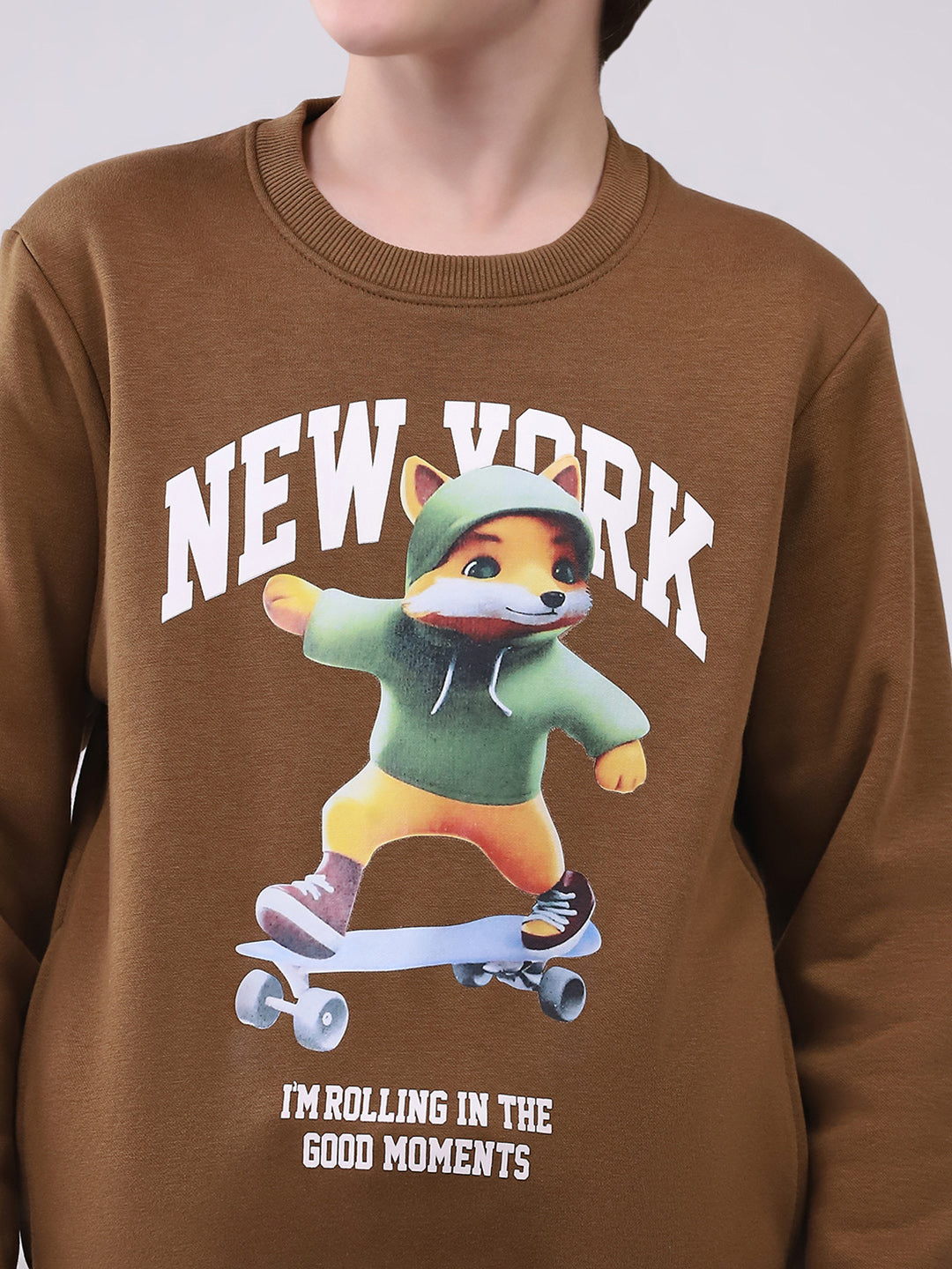 Boys Brown Printed Round Neck Full Sleeve Sweatshirt