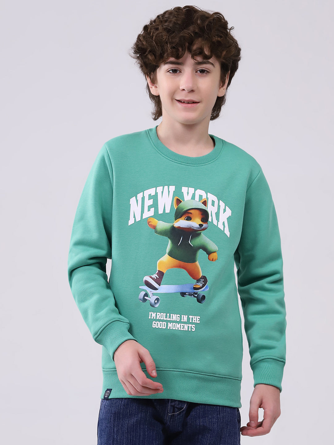 Boys Green Printed Round Neck Full Sleeve Sweatshirt