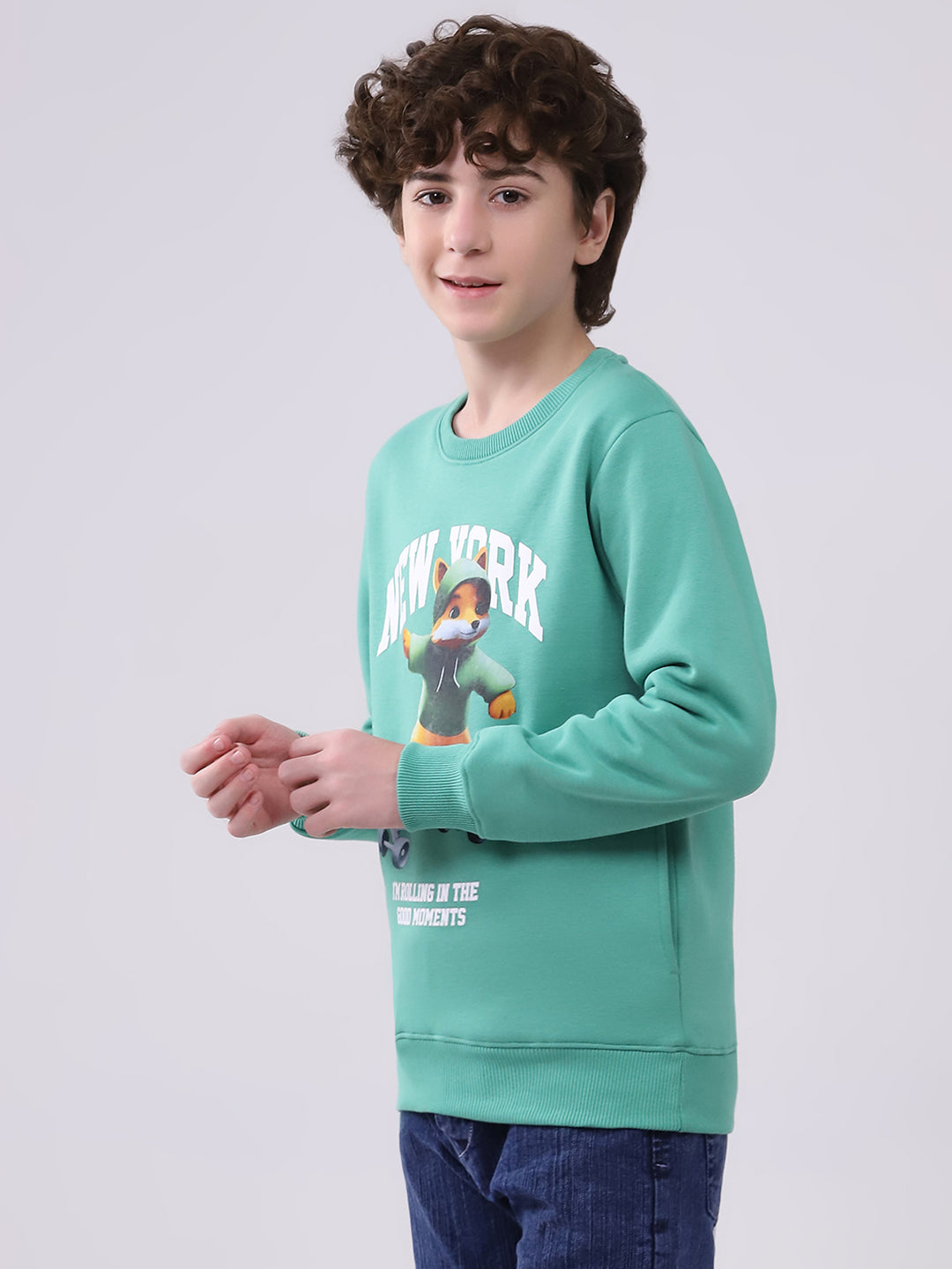 Boys Green Printed Round Neck Full Sleeve Sweatshirt
