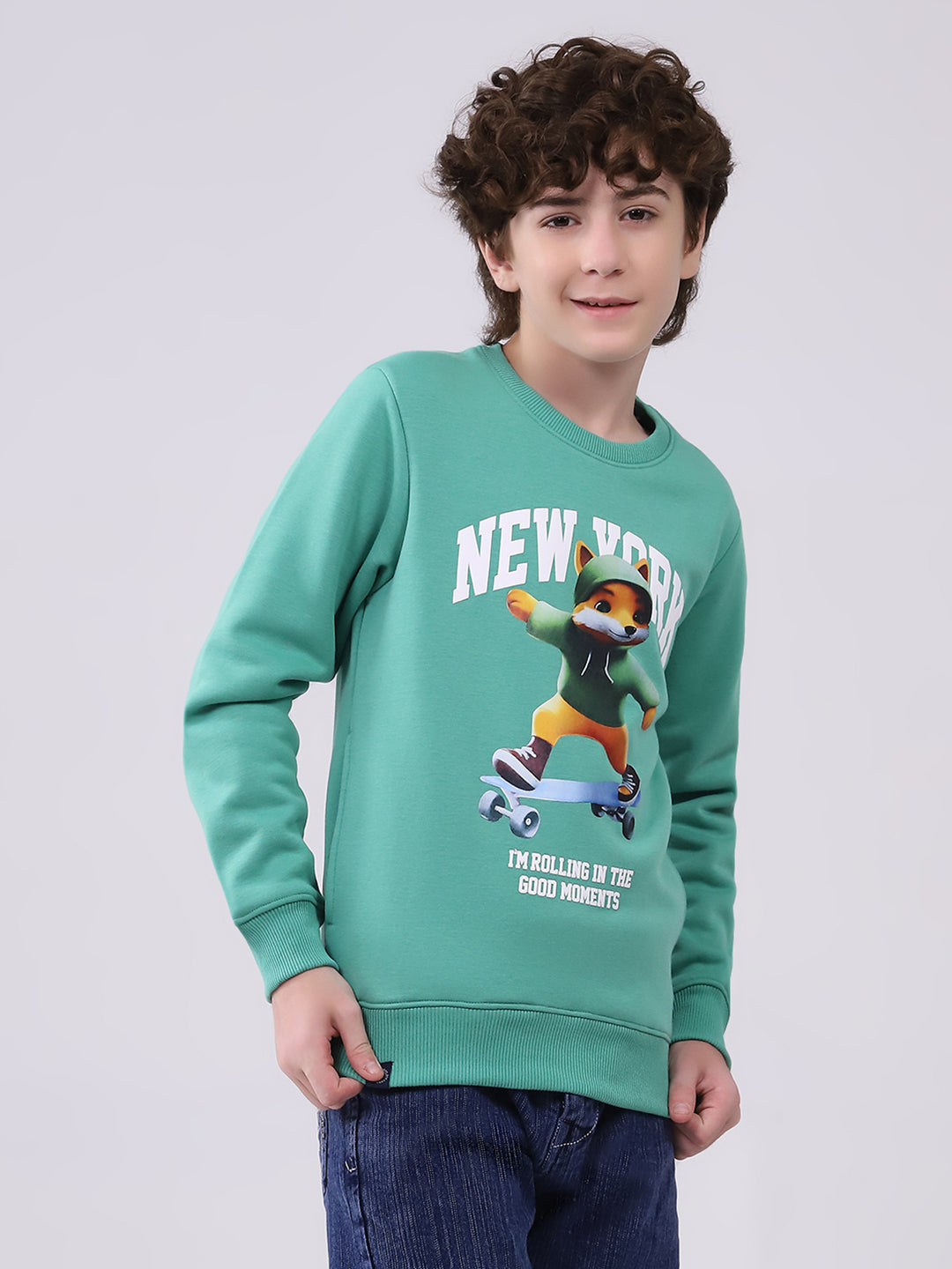 Boys Green Printed Round Neck Full Sleeve Sweatshirt