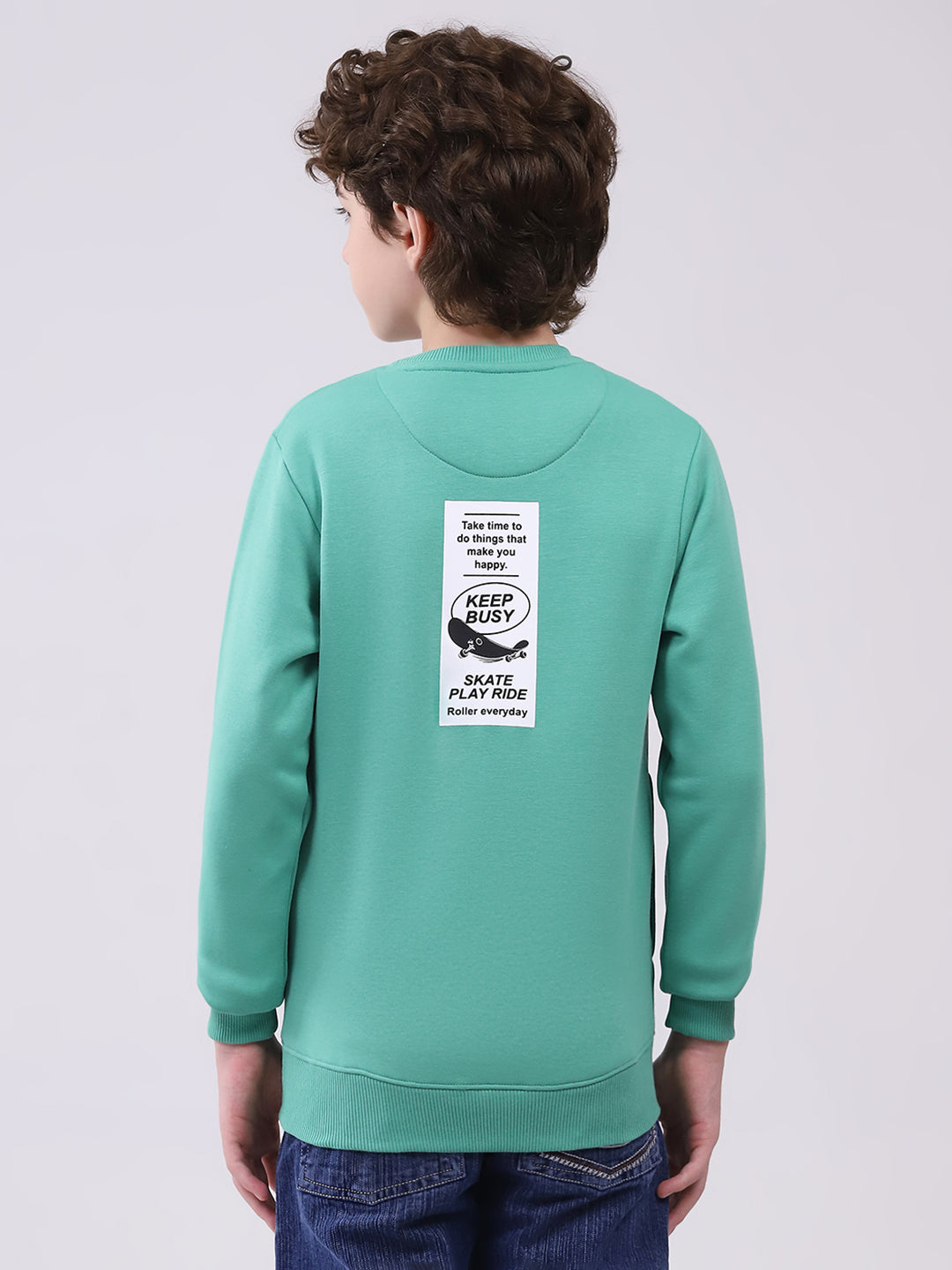 Boys Green Printed Round Neck Full Sleeve Sweatshirt