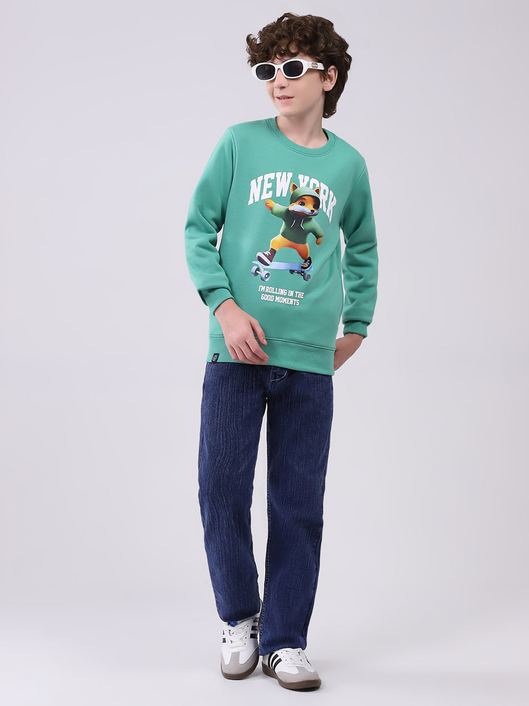 Boys Green Printed Round Neck Full Sleeve Sweatshirt