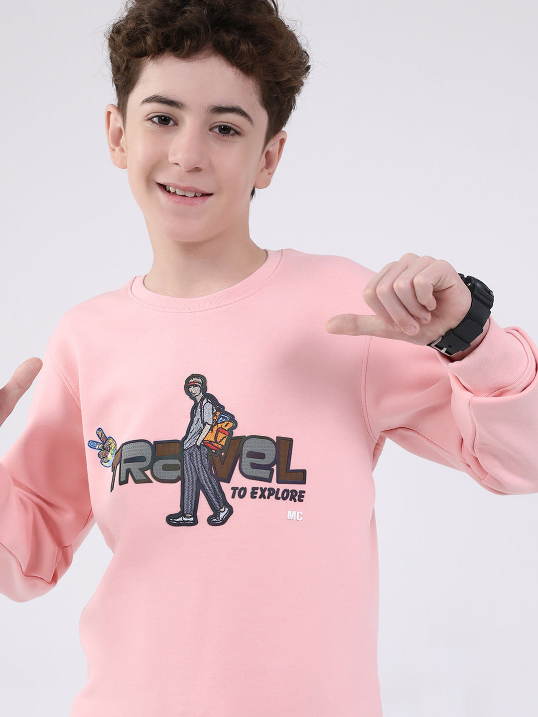 Boys Pink Printed Round Neck Full Sleeve Sweatshirt