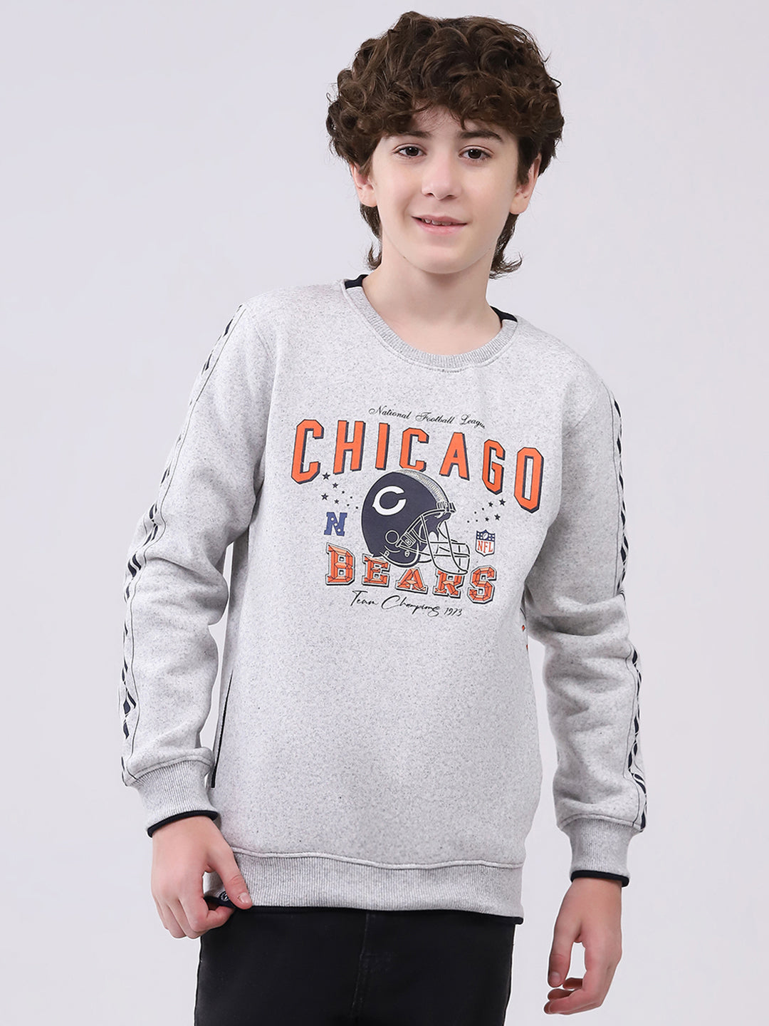 Boys Grey Printed Round Neck Full Sleeve Sweatshirt