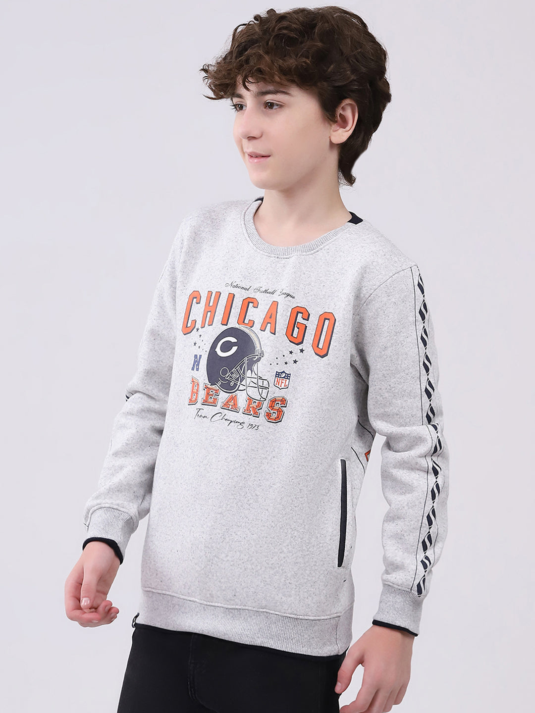 Boys Grey Printed Round Neck Full Sleeve Sweatshirt