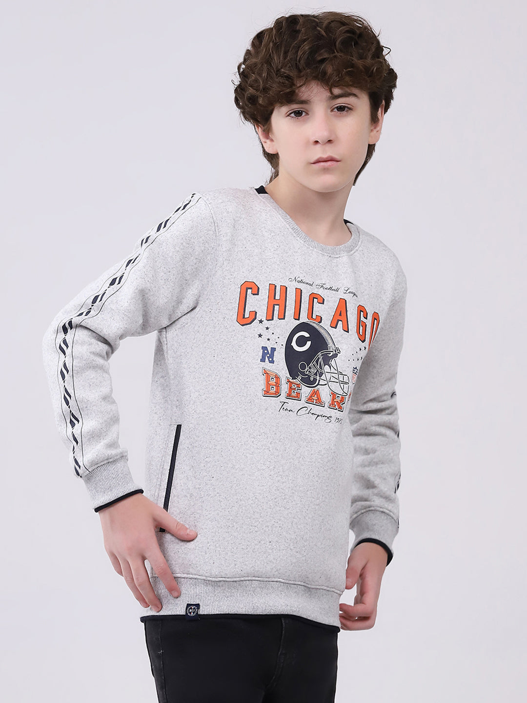Boys Grey Printed Round Neck Full Sleeve Sweatshirt