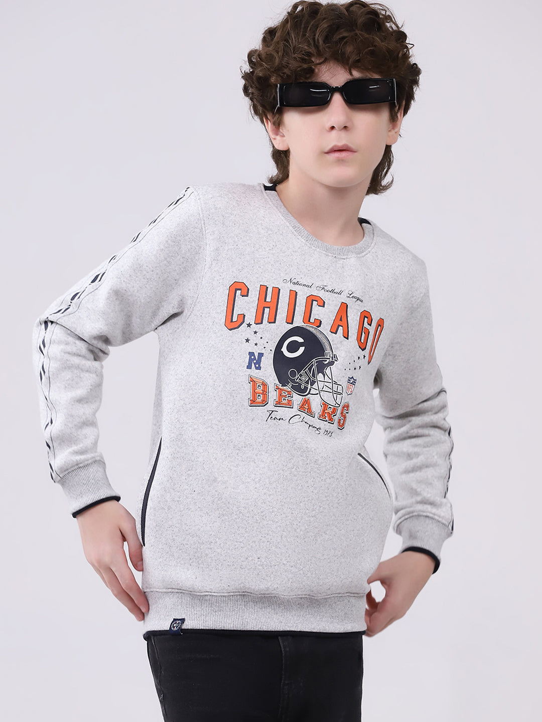 Boys Grey Printed Round Neck Full Sleeve Sweatshirt