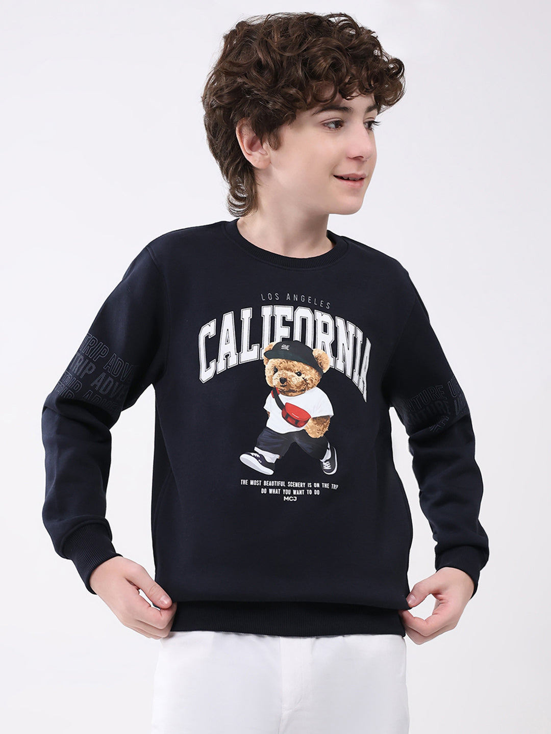 Boys Navy Blue Printed Round Neck Full Sleeve Sweatshirt