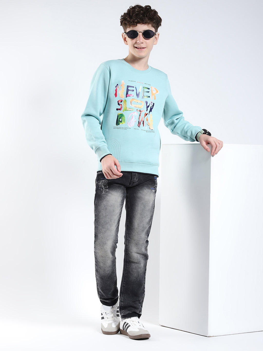 Boys Green Printed Round Neck Full Sleeve Sweatshirt