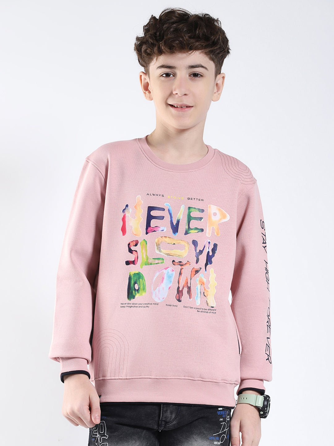 Boys Pink Printed Round Neck Full Sleeve Sweatshirt