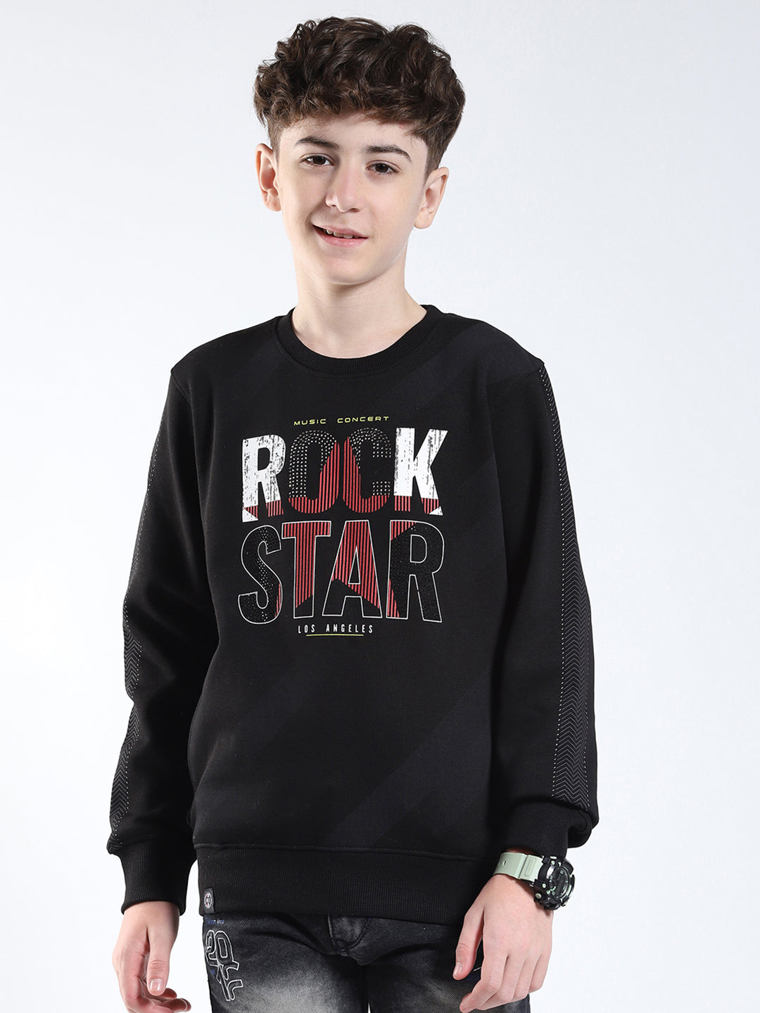 Boys Black Printed Round Neck Full Sleeve Sweatshirt