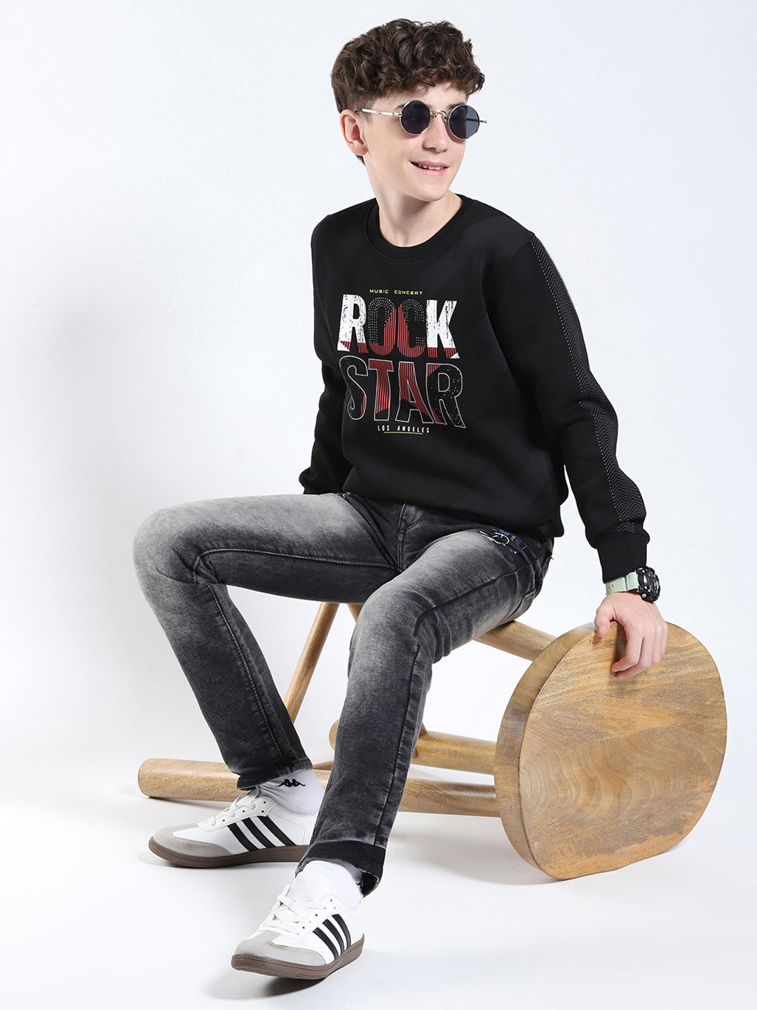 Boys Black Printed Round Neck Full Sleeve Sweatshirt