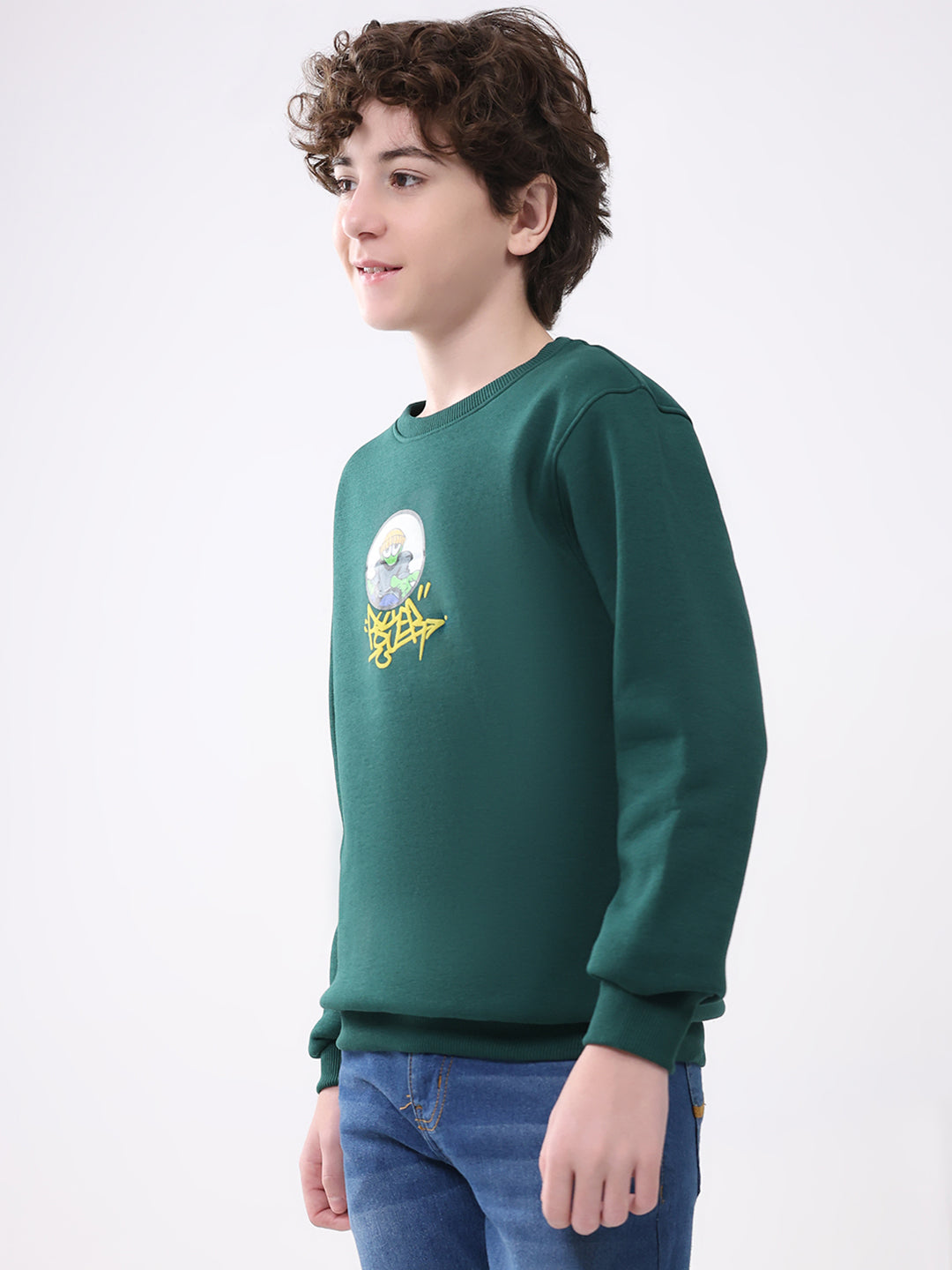 Boys Green Printed Round Neck Full Sleeve Sweatshirt