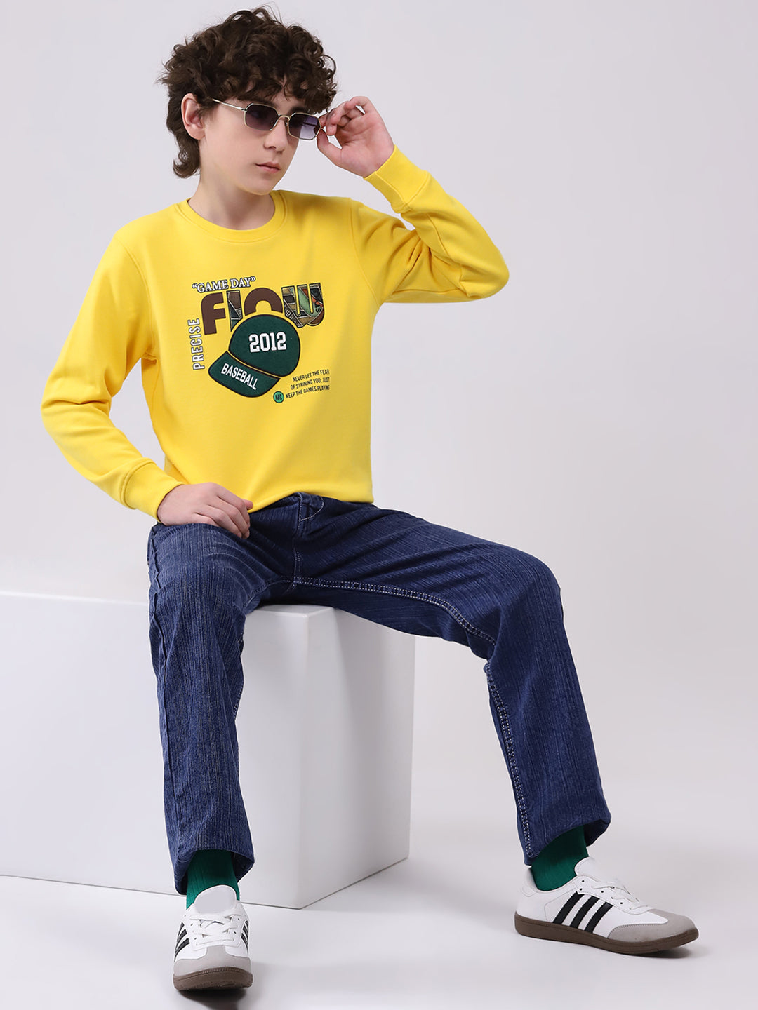 Boys Yellow Printed Round Neck Full Sleeve Sweatshirt