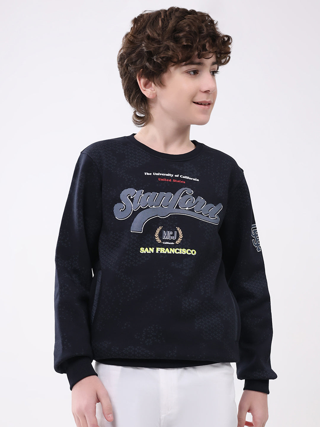 Boys Navy Blue Printed Round Neck Full Sleeve Sweatshirt