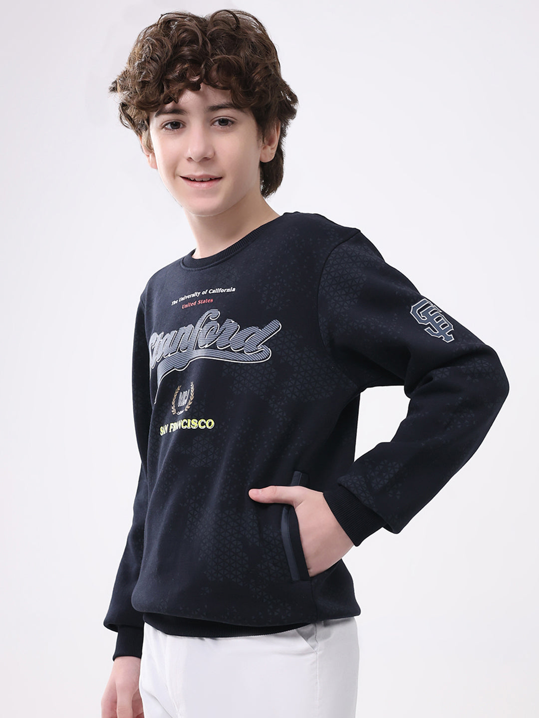 Boys Navy Blue Printed Round Neck Full Sleeve Sweatshirt