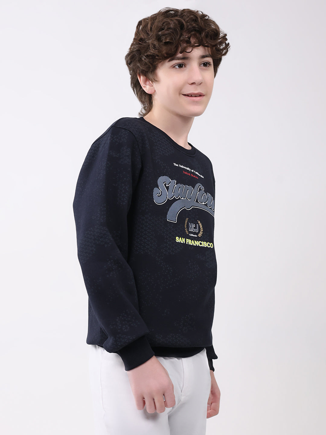 Boys Navy Blue Printed Round Neck Full Sleeve Sweatshirt