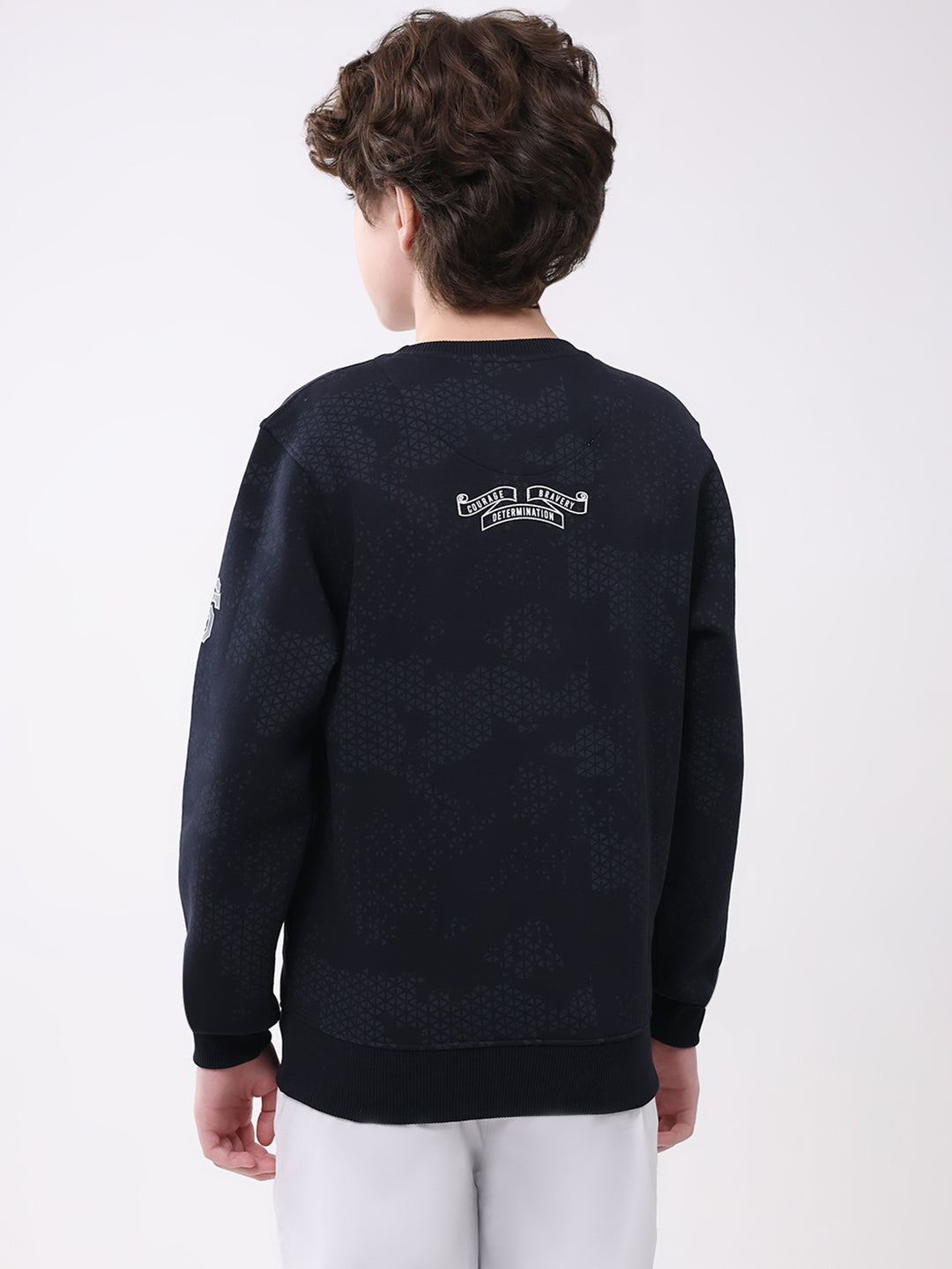 Boys Navy Blue Printed Round Neck Full Sleeve Sweatshirt