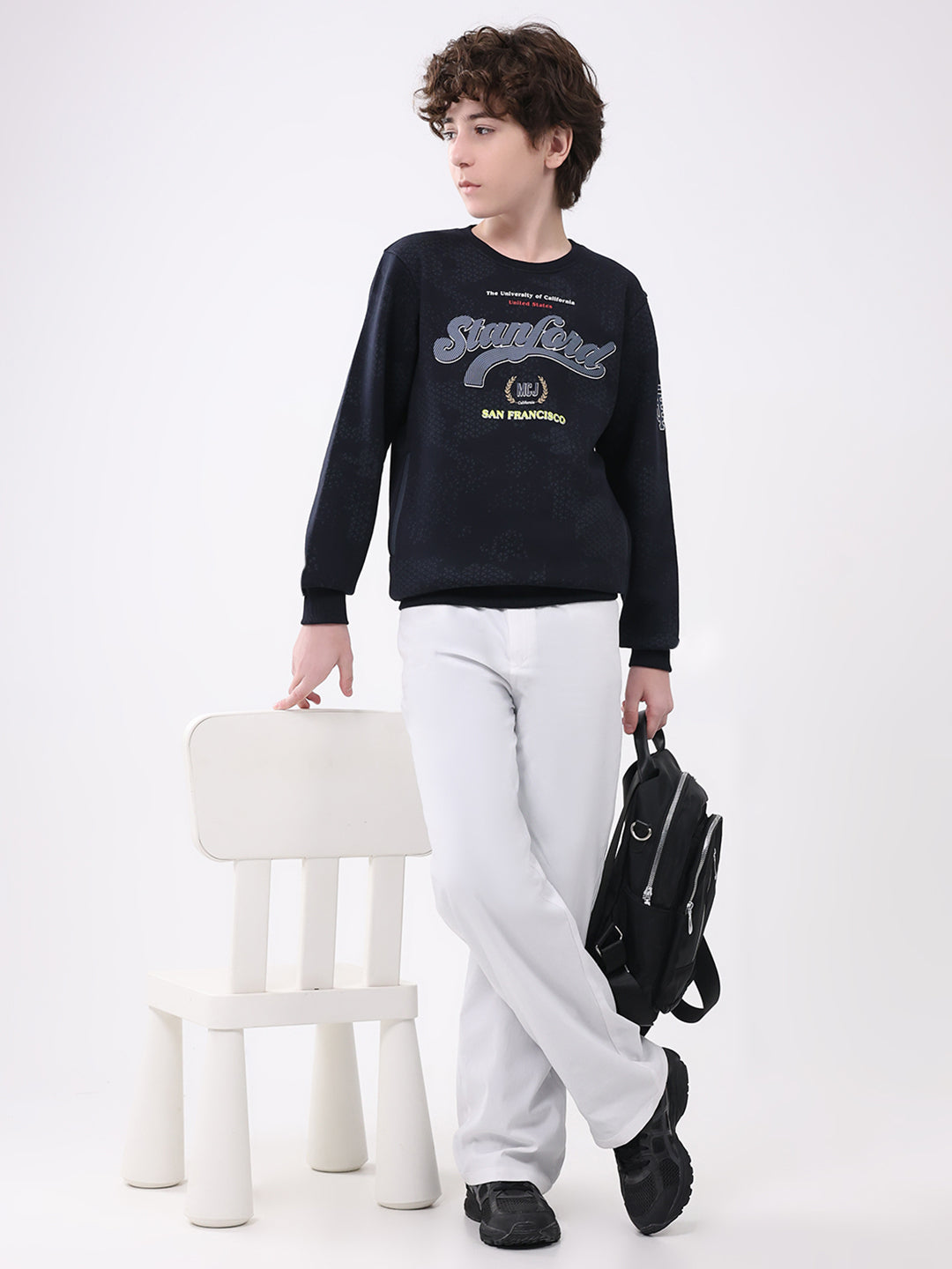 Boys Navy Blue Printed Round Neck Full Sleeve Sweatshirt
