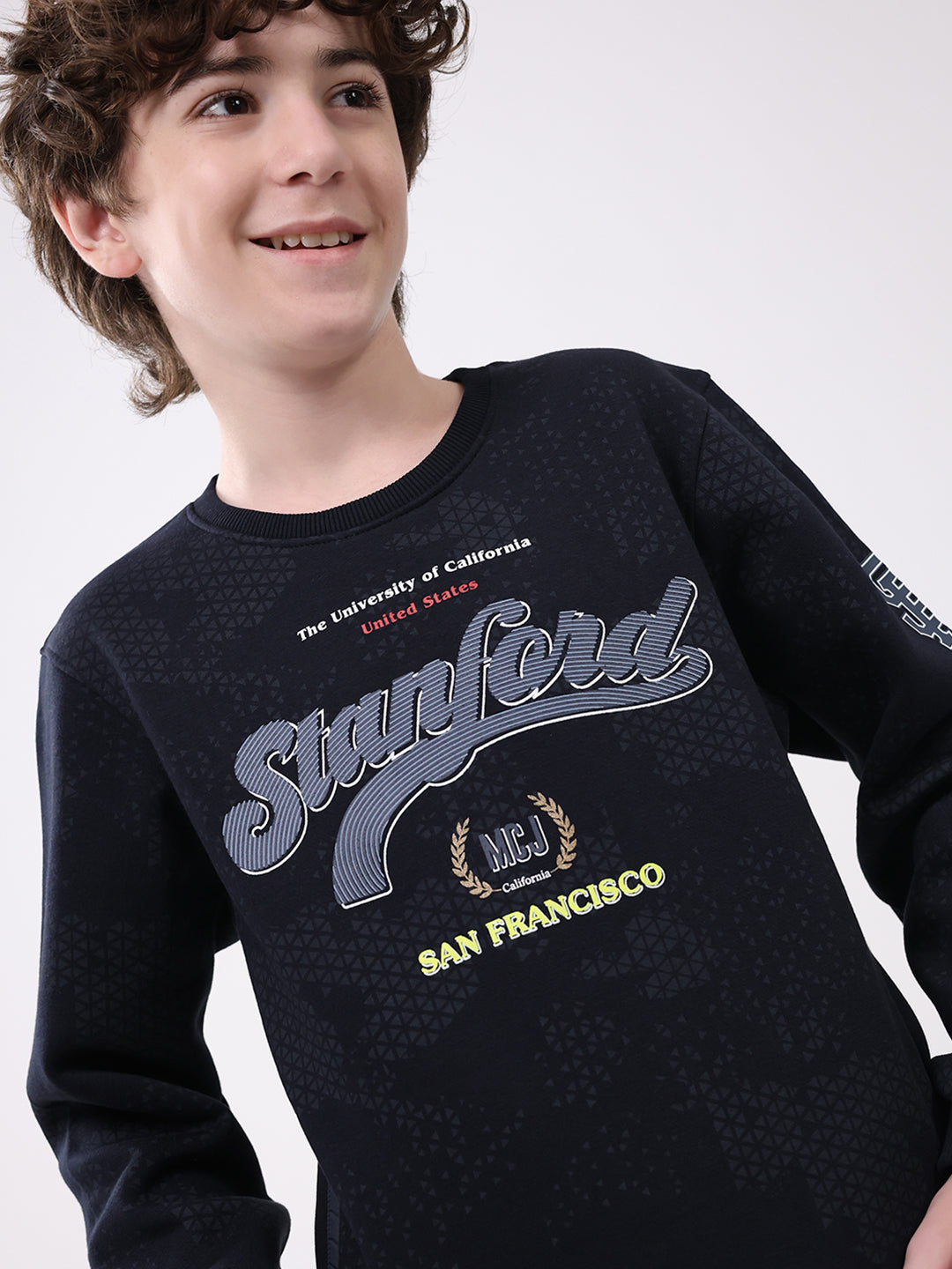 Boys Navy Blue Printed Round Neck Full Sleeve Sweatshirt