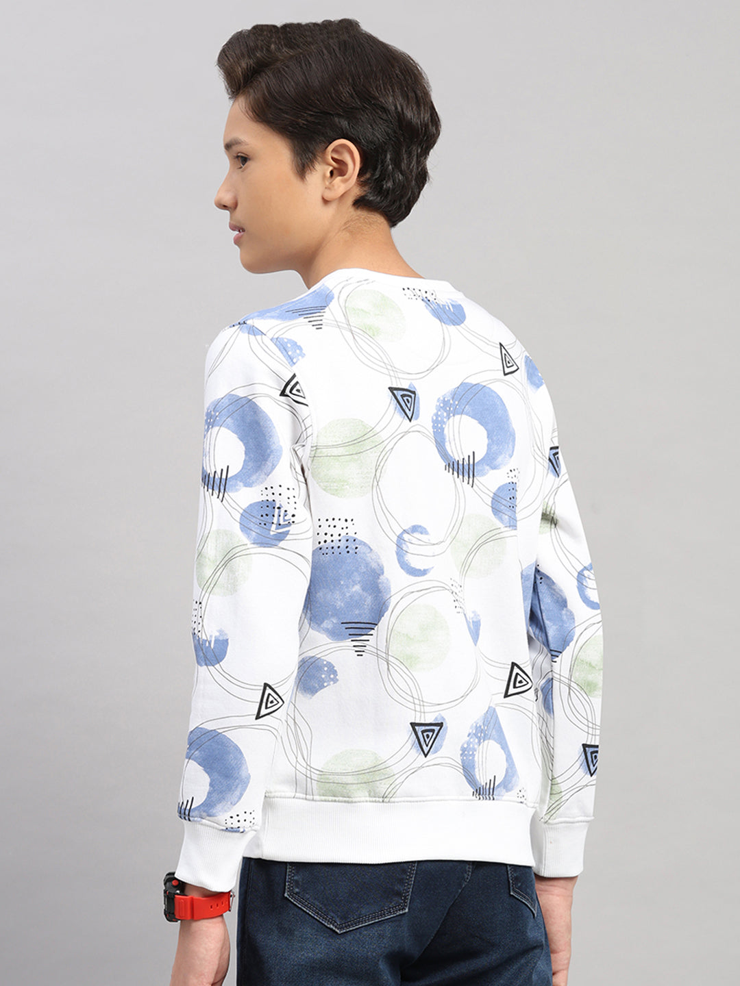 Boys White Printed Round Neck Full Sleeve Sweatshirt