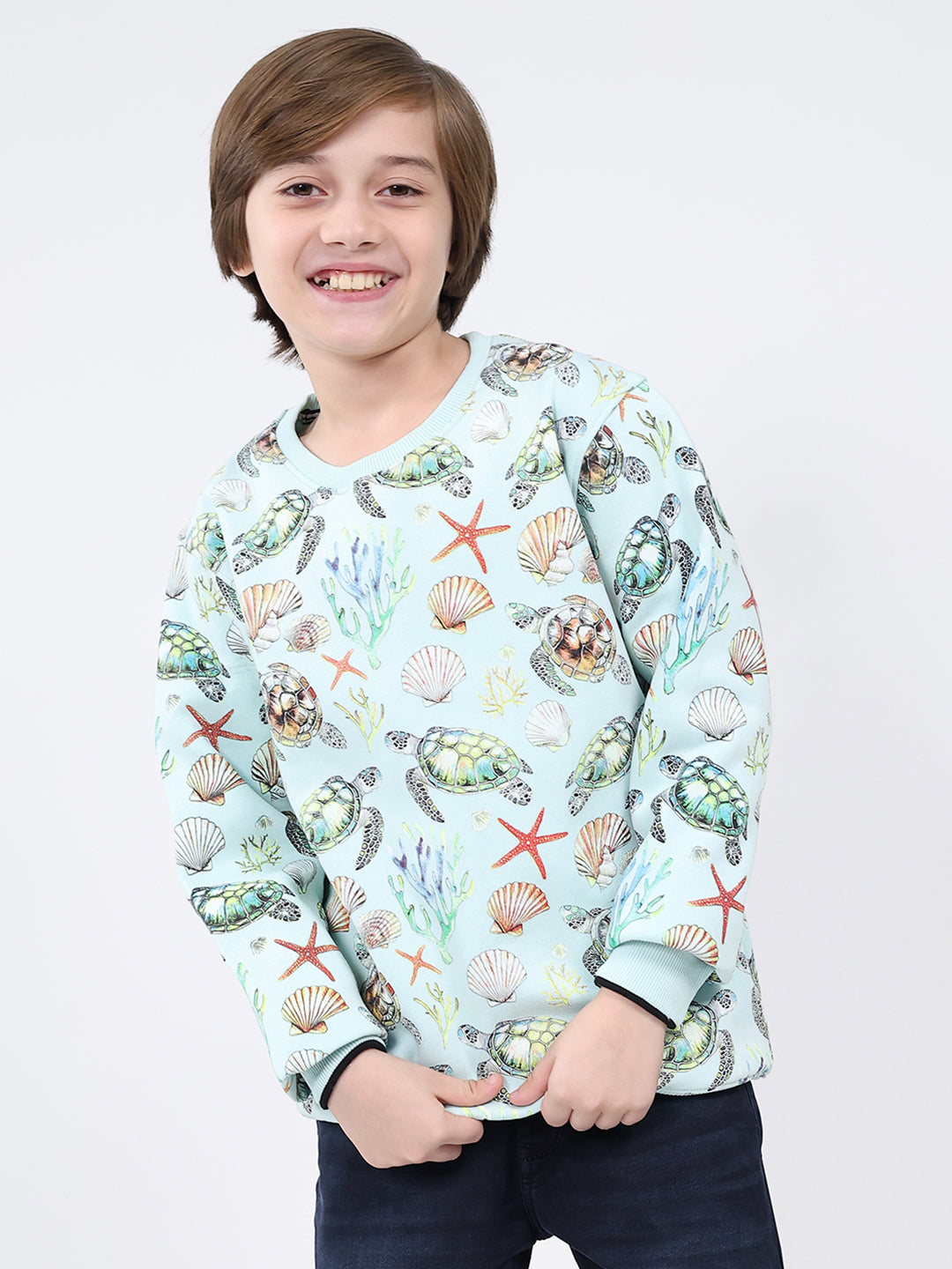 Boys Blue Printed Round Neck Full Sleeve Sweatshirt