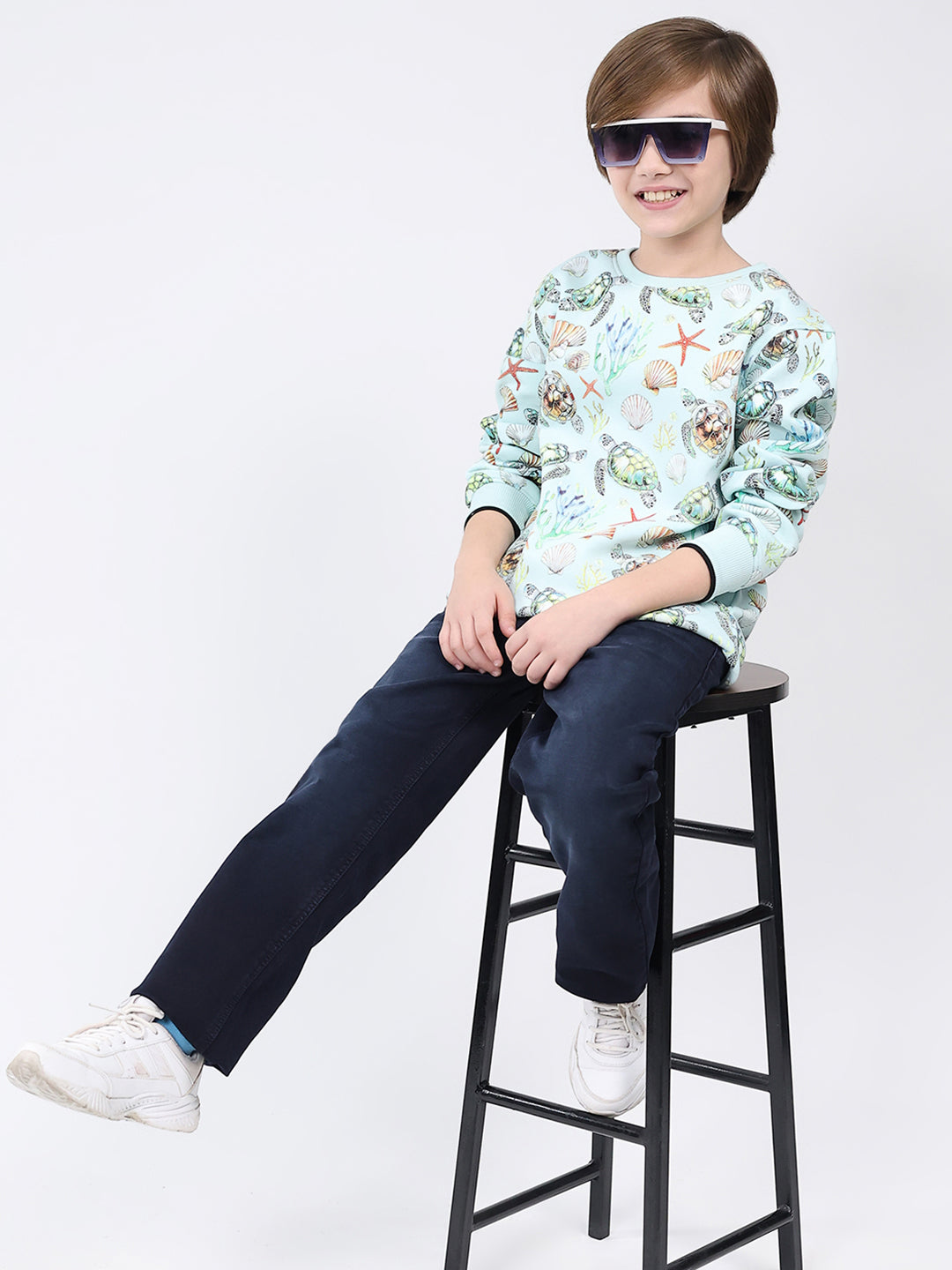 Boys Blue Printed Round Neck Full Sleeve Sweatshirt