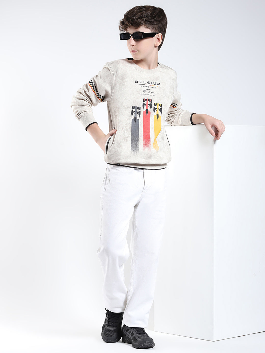 Boys Beige Printed Round Neck Full Sleeve Sweatshirt