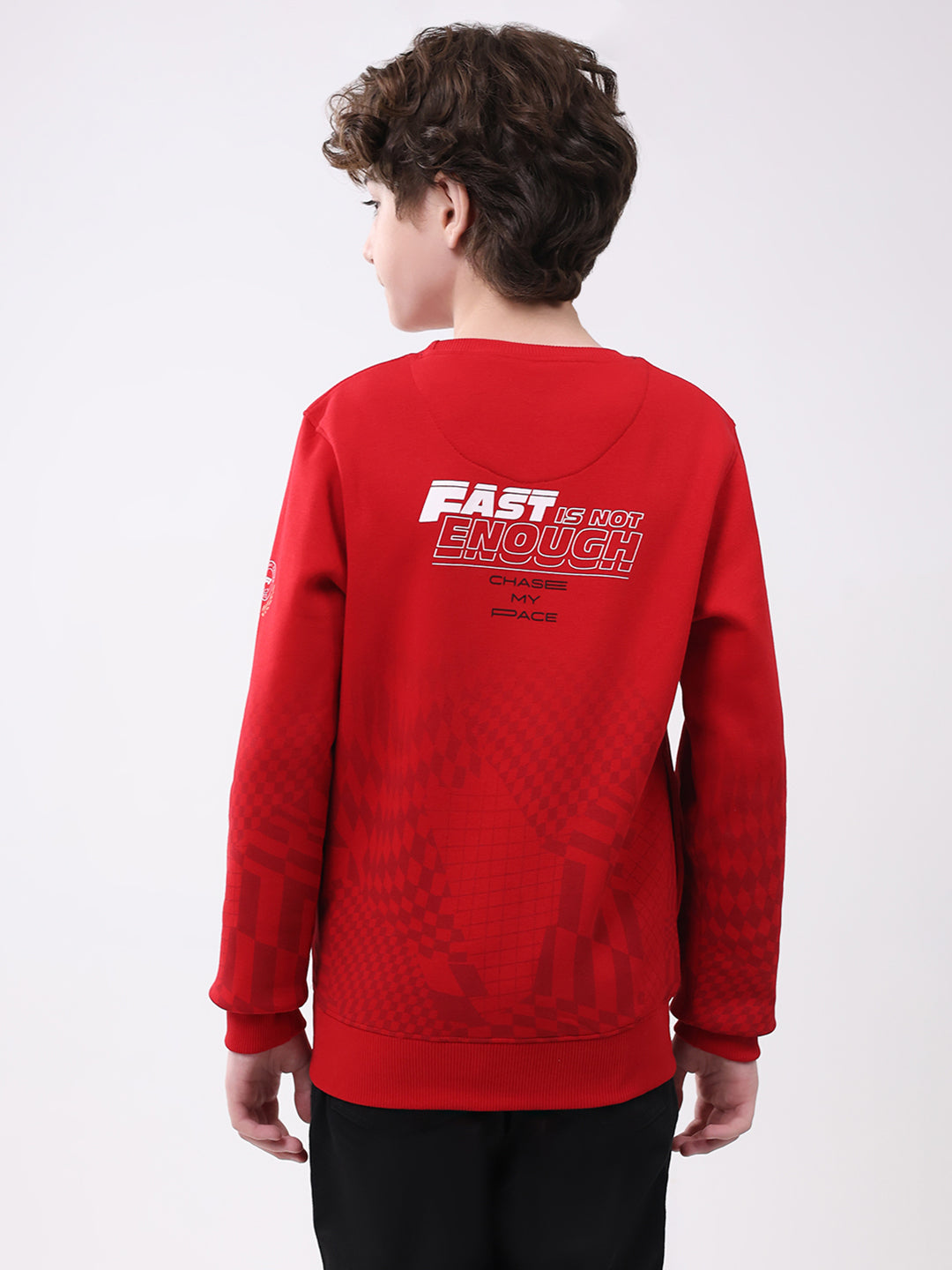 Boys Red Printed Round Neck Full Sleeve Sweatshirt